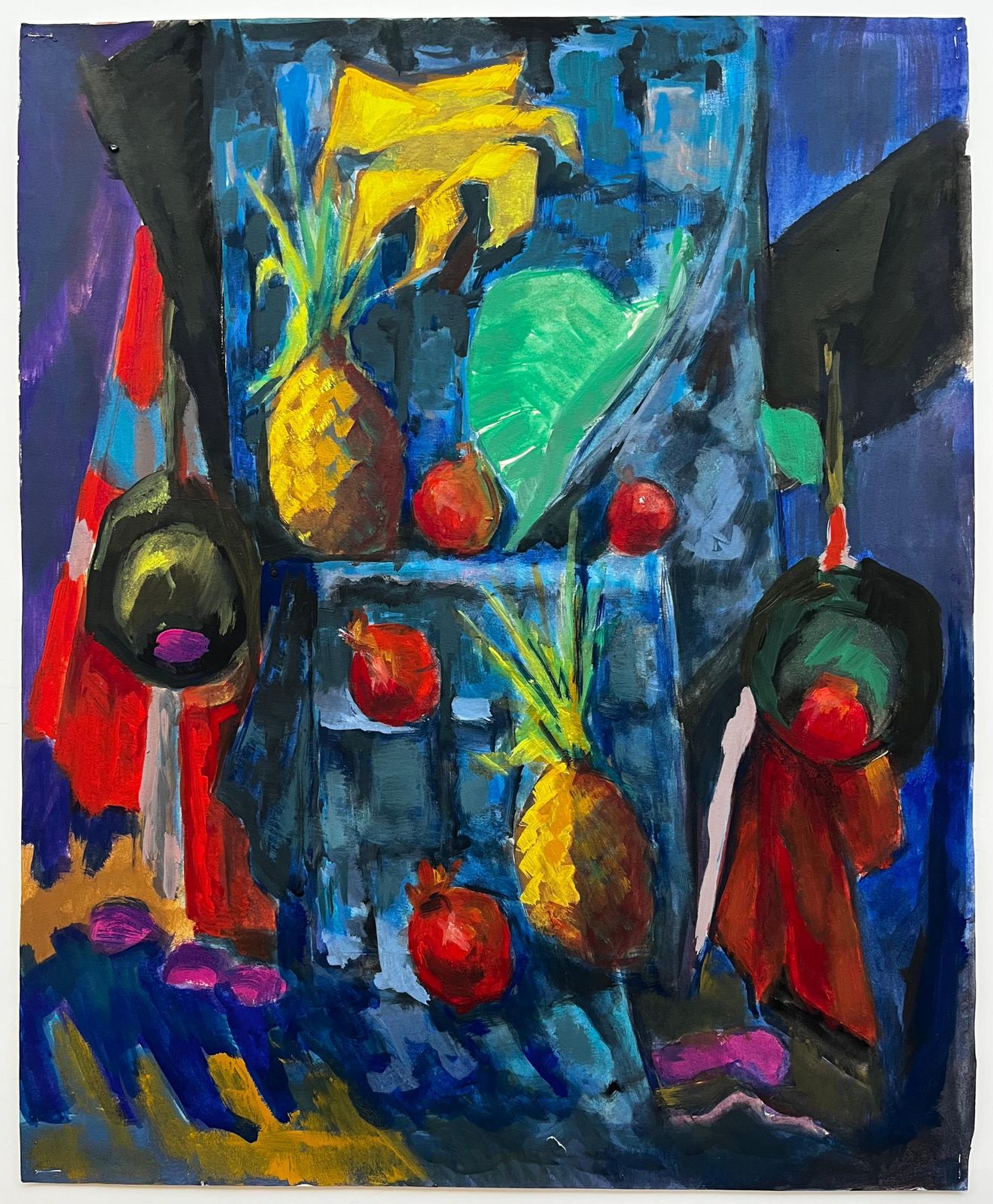 Guy Nicod Abstract Still Life With Pineapples Pomegranates And Drapery Modernist Gouache photo furniture