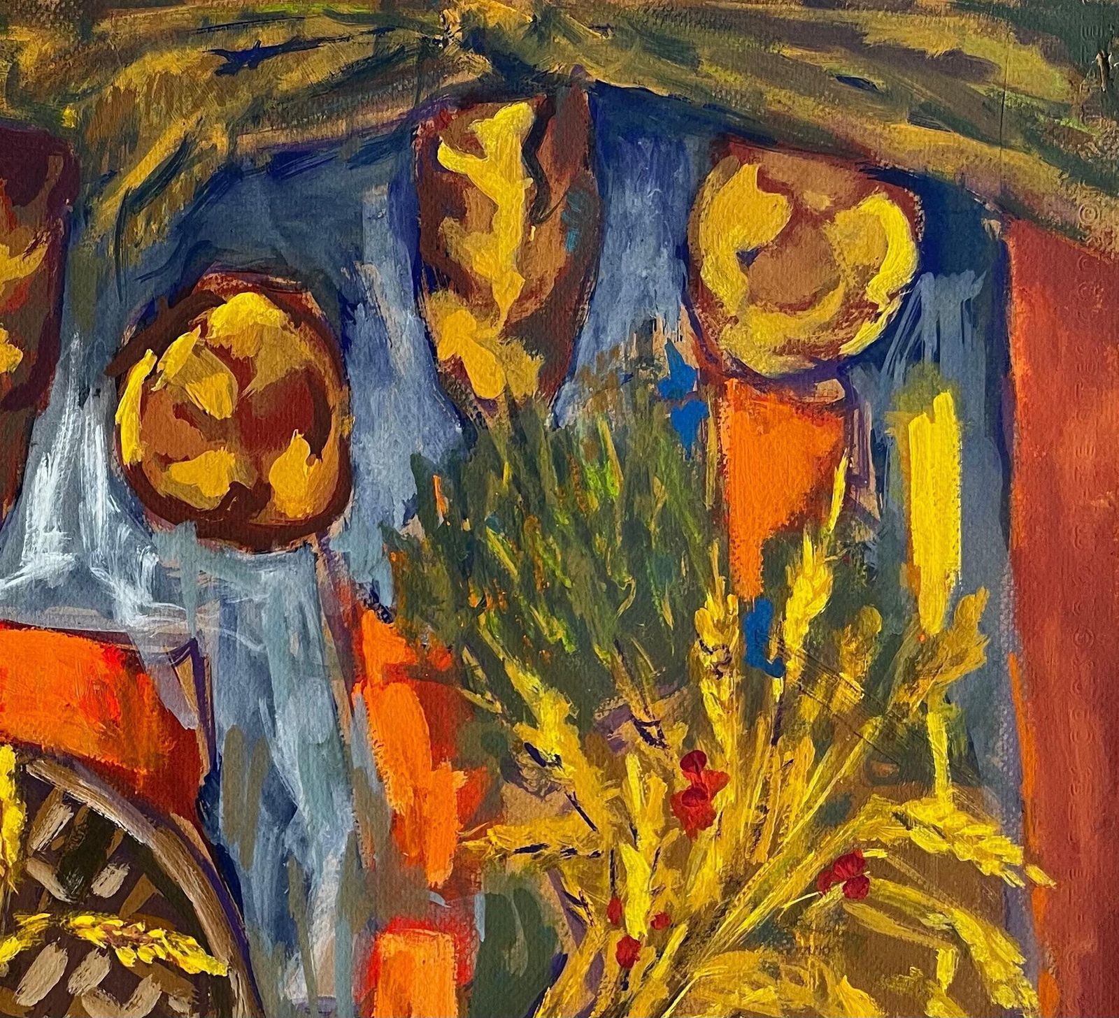 Guy Nicod Abstract Harvest Still Life With Wheat Basket And Decorative Textiles Gouache photo for sale