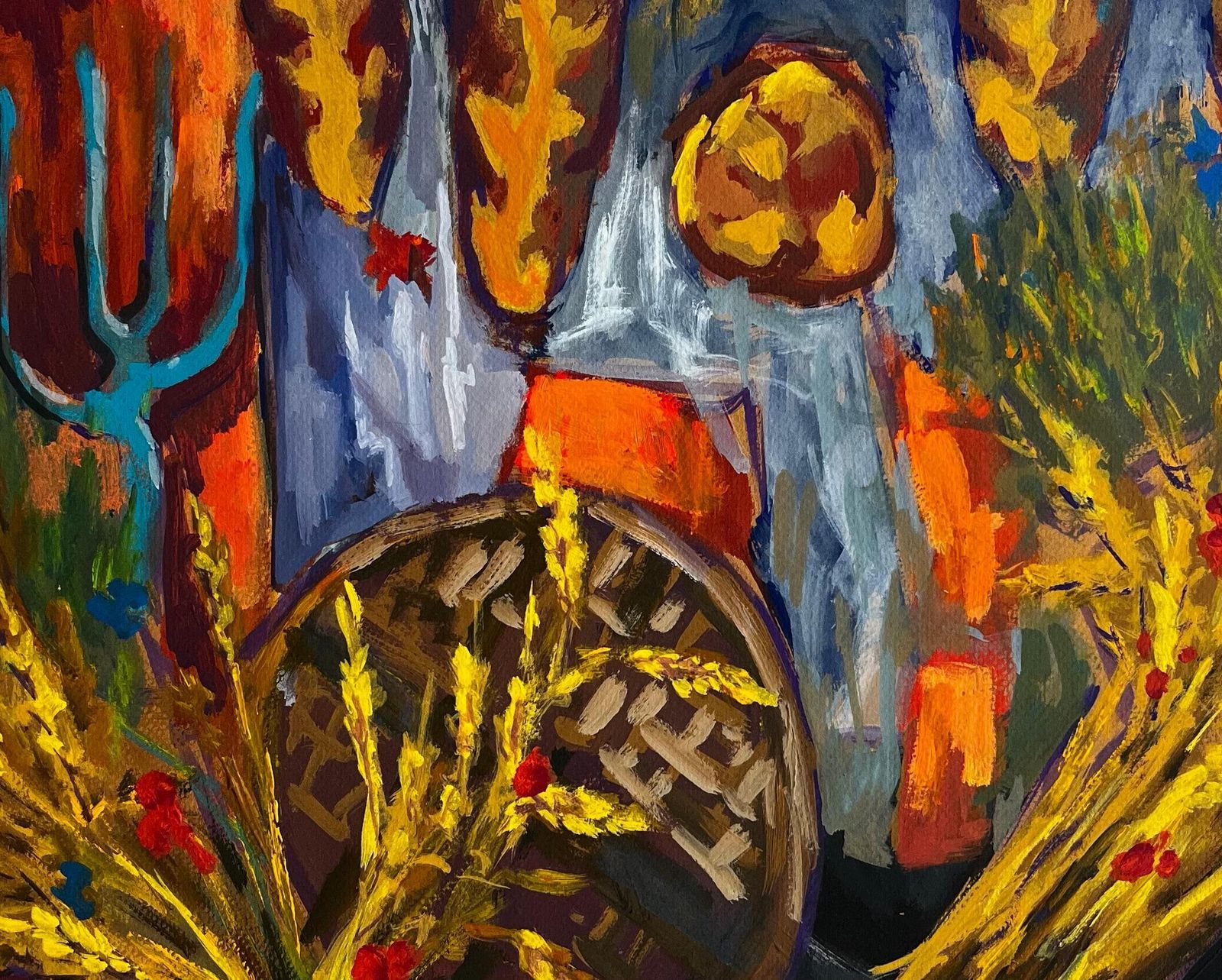 Guy Nicod Abstract Harvest Still Life With Wheat Basket And Decorative Textiles Gouache photo buy