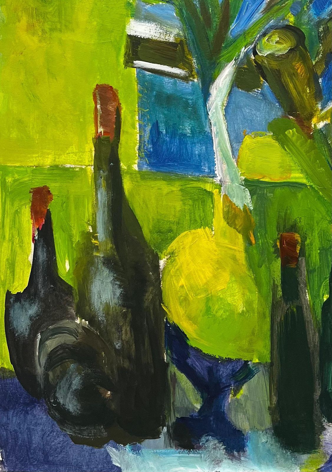 Guy Nicod Still Life With Green Bottles Leeks And Blue Interior Modernist Gouache photo vinterior
