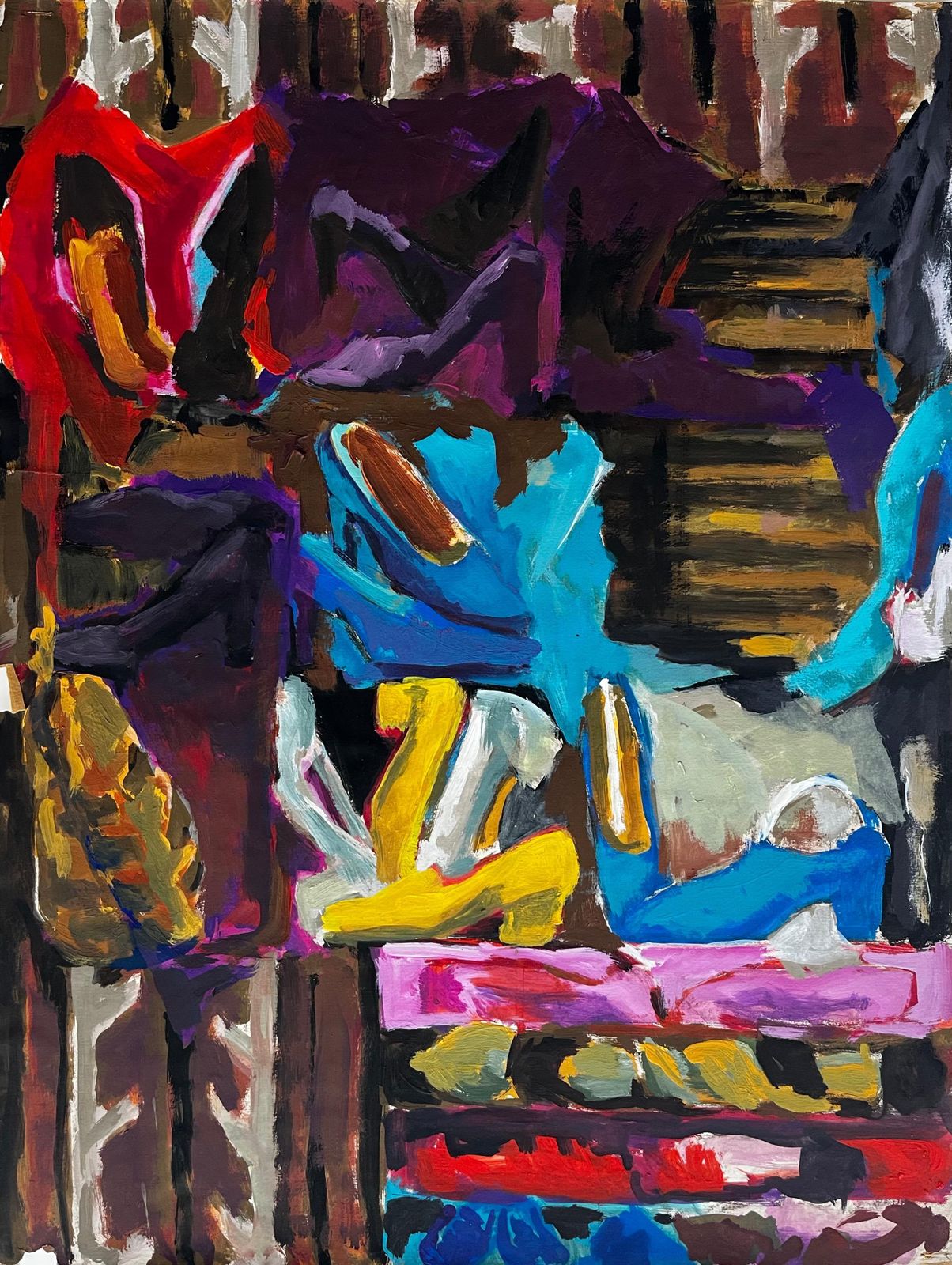 Guy Nicod Abstract Interior With Womens Shoes Colourful French Modernist Gouache