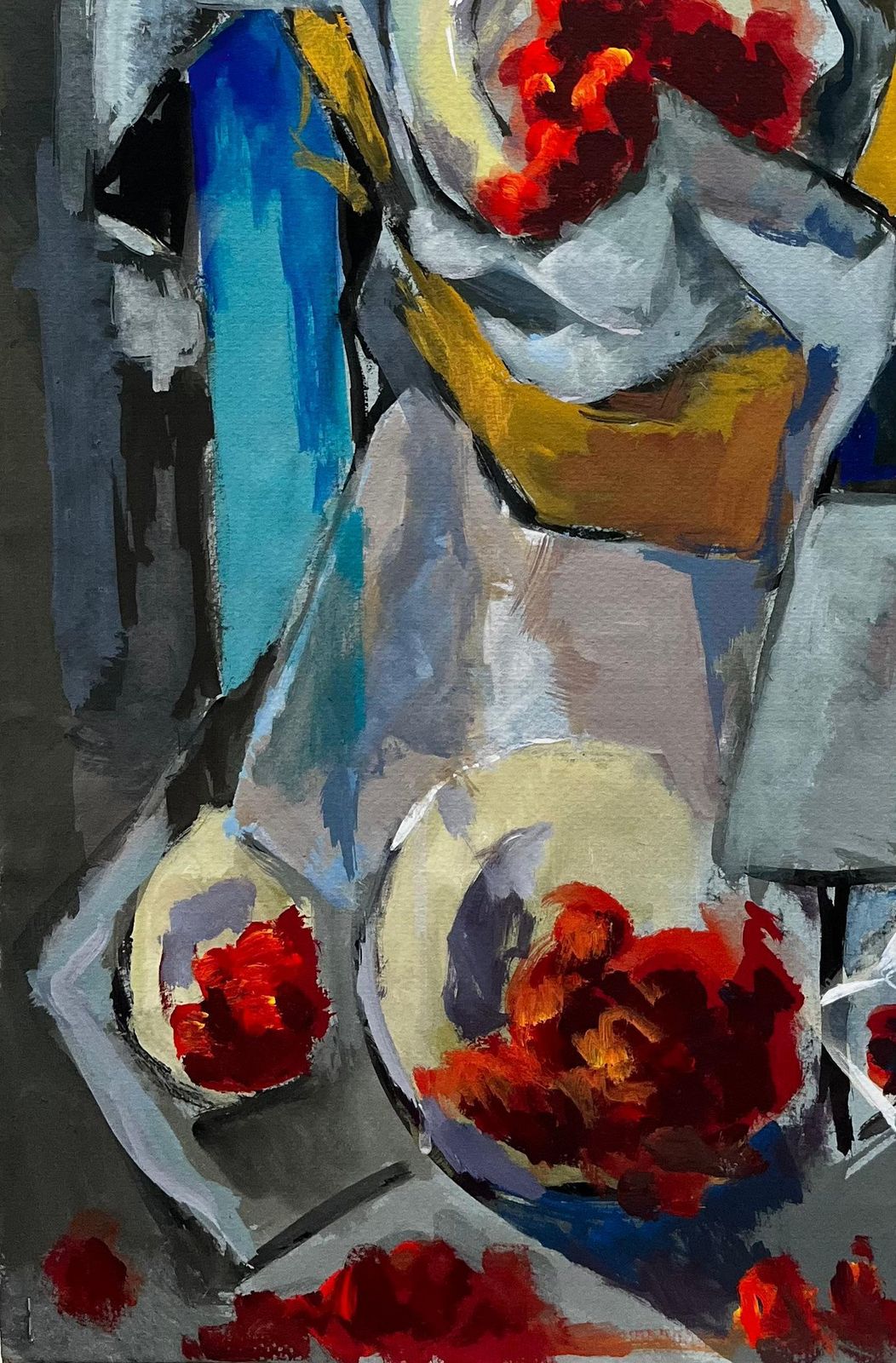 Guy Nicod Abstract Still Life With Bowls Plates Red Grapes And Jug Modernist Gouache photo Art