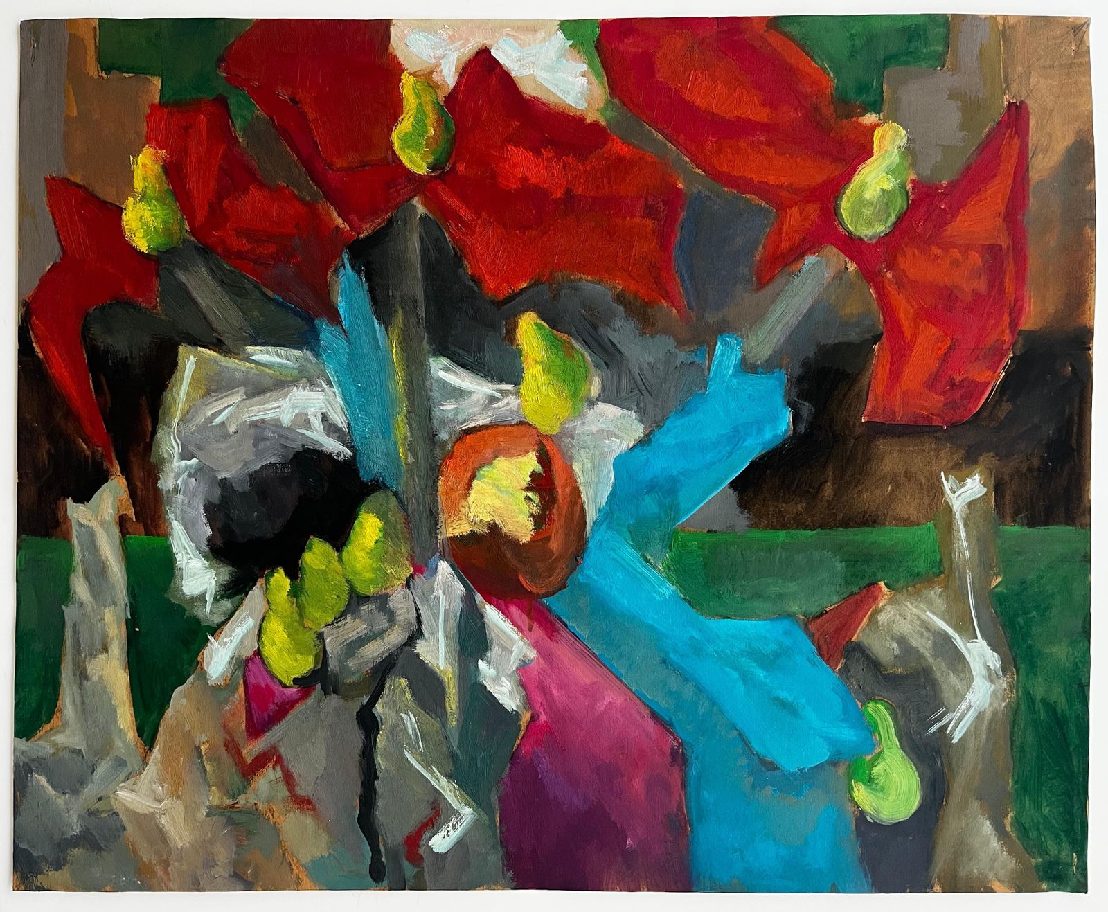 Guy Nicod Abstract Red Flowers With Fruit And Draped Fabrics Modernist Gouache photo furniture