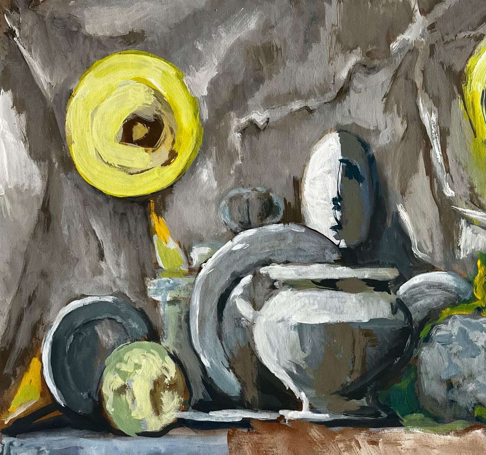 Guy Nicod Abstract Still Life With Plates Bowls And Kitchen Utensils Modernist Gouache photo for sale