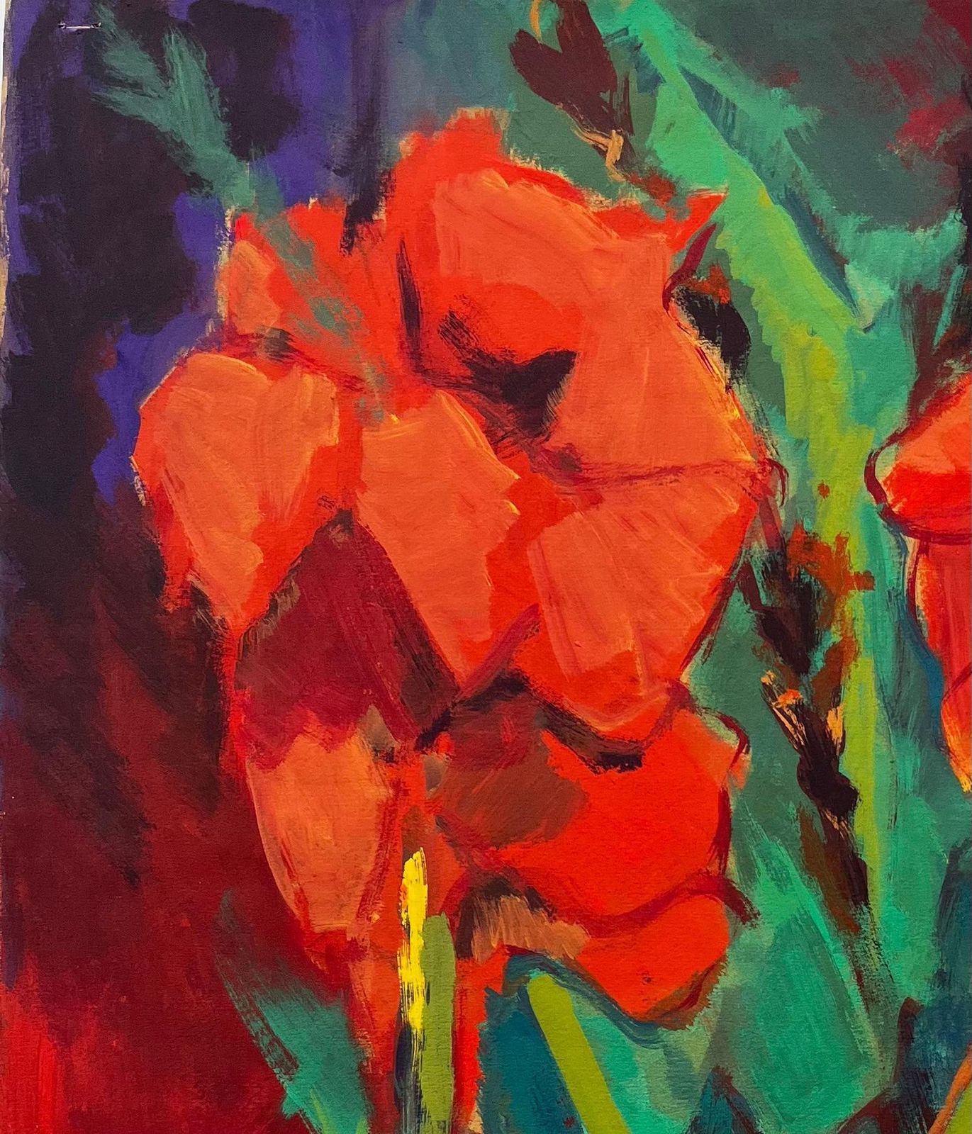 Guy Nicod Abstract Red Flowers With Bottles And Fruit French Modernist Gouache photo Art
