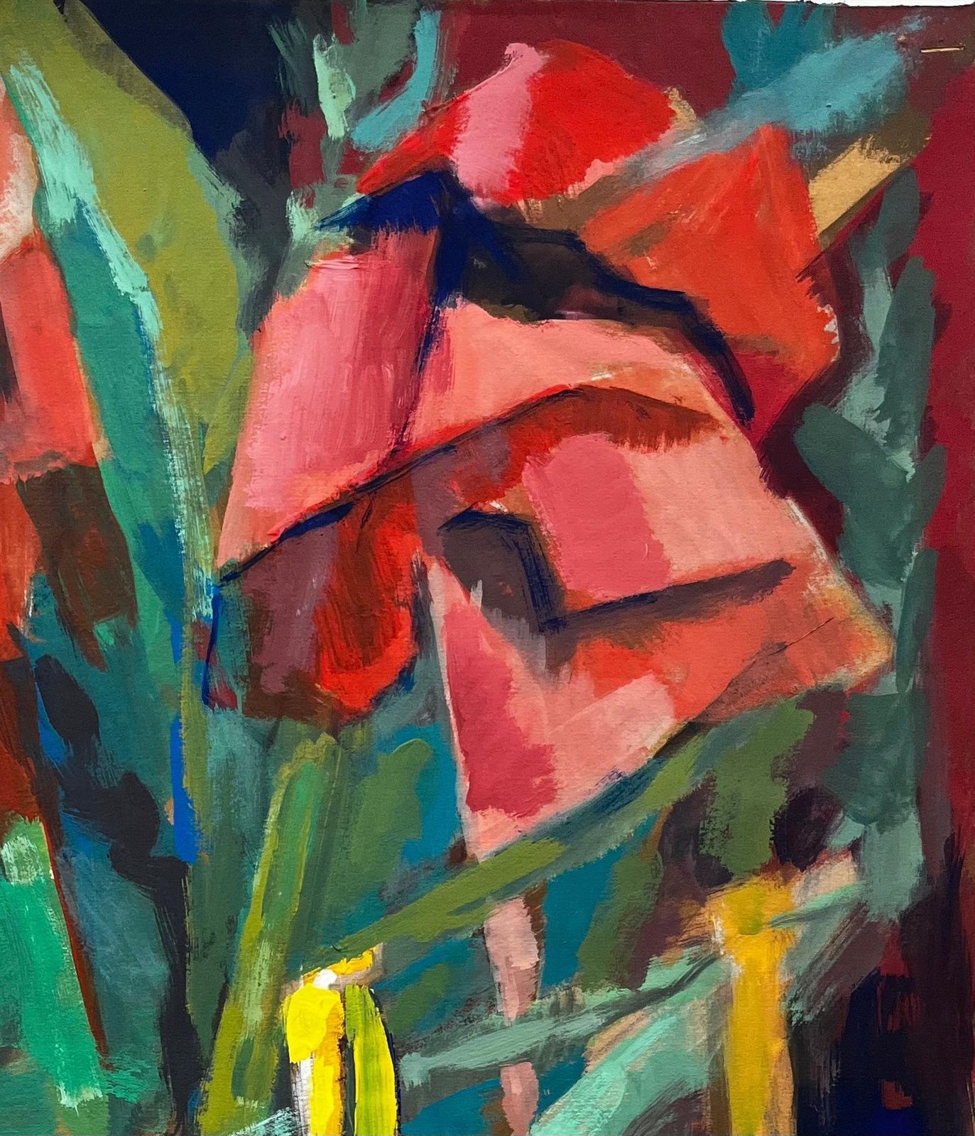 Guy Nicod Abstract Red Flowers And Bottles Still Life French Modernist Gouache photo Art
