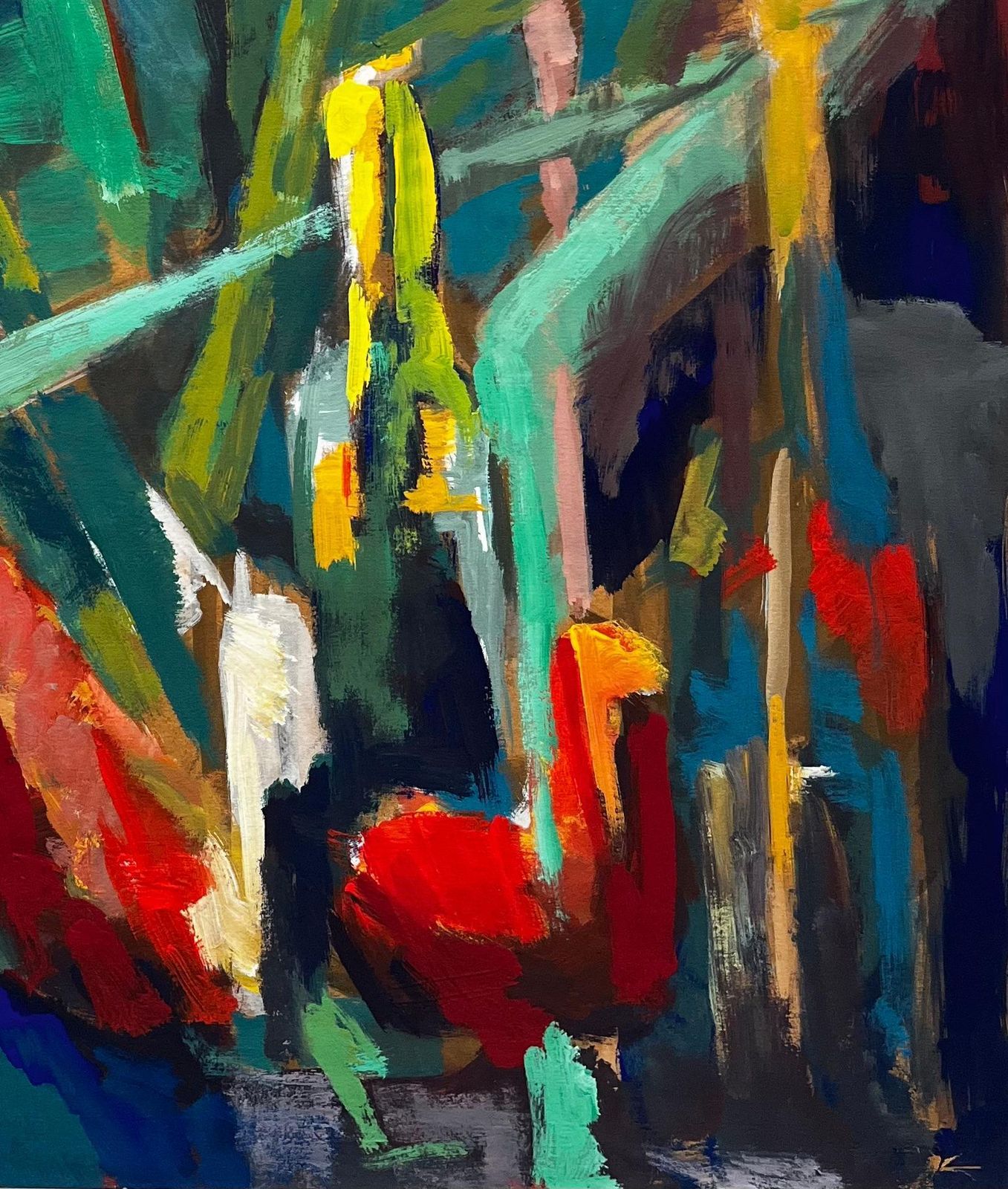 Guy Nicod Abstract Red Flowers And Bottles Still Life French Modernist Gouache photo 733.0