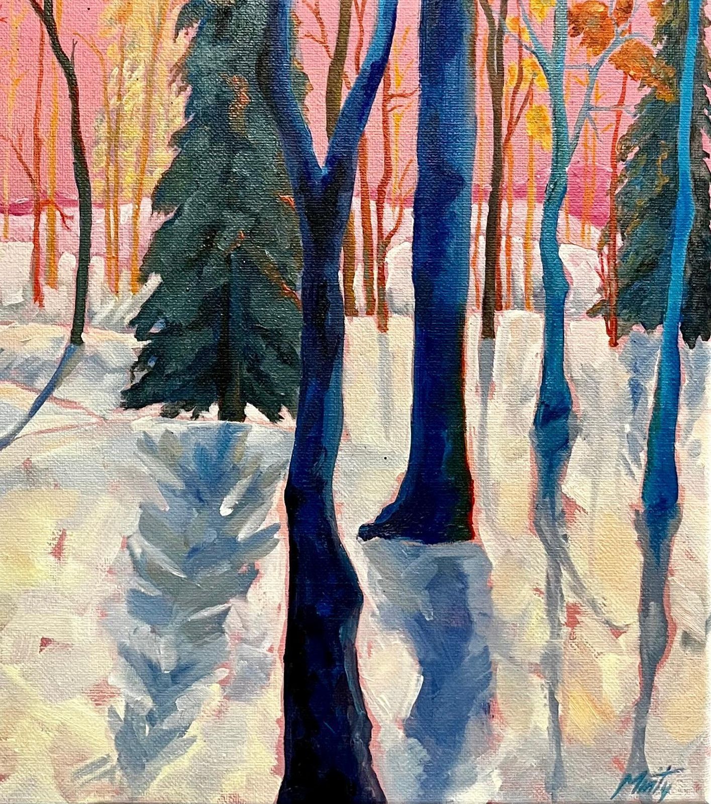 Minty Ramseykuusamo Finland Winter Forest Sunset Landscape Original Contemporary Oil2024 photo for sale