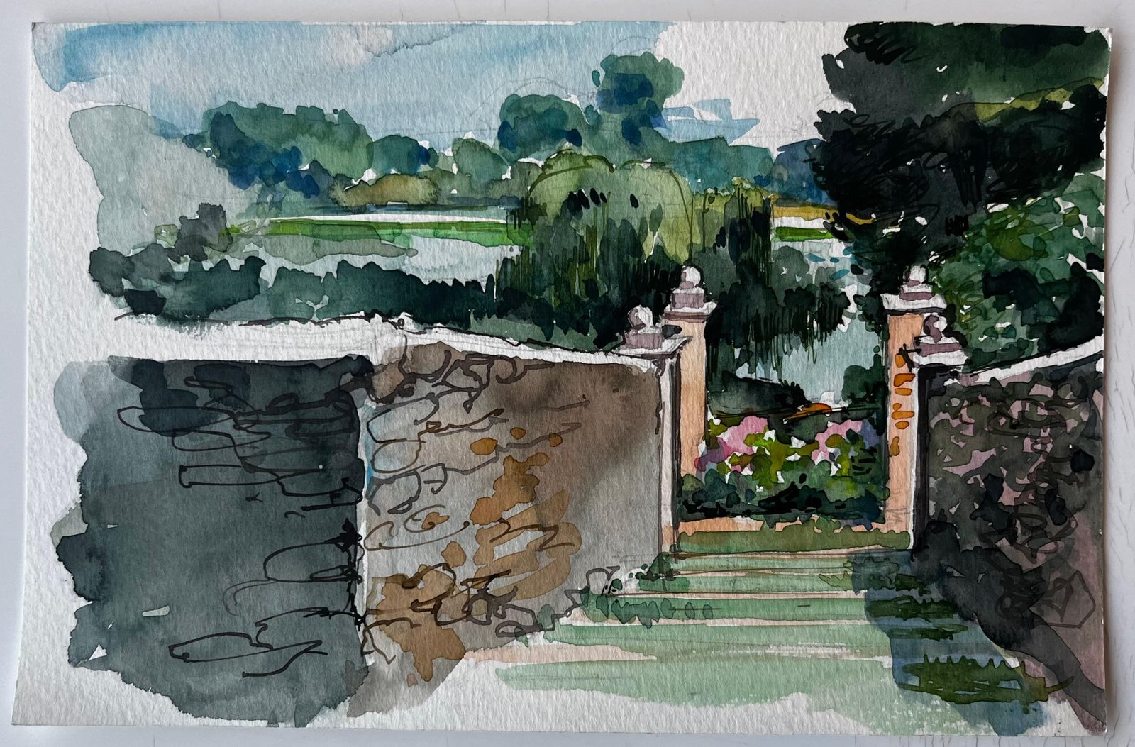 Pierre Neveugarden Gate Stone Walls Trees Lush Landscape And River View Watercolor photo furniture