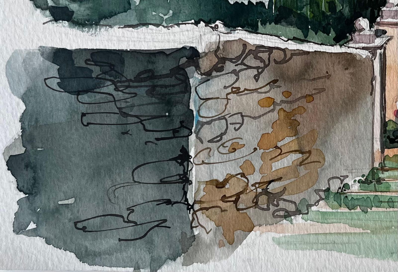 Pierre Neveugarden Gate Stone Walls Trees Lush Landscape And River View Watercolor photo 524.0