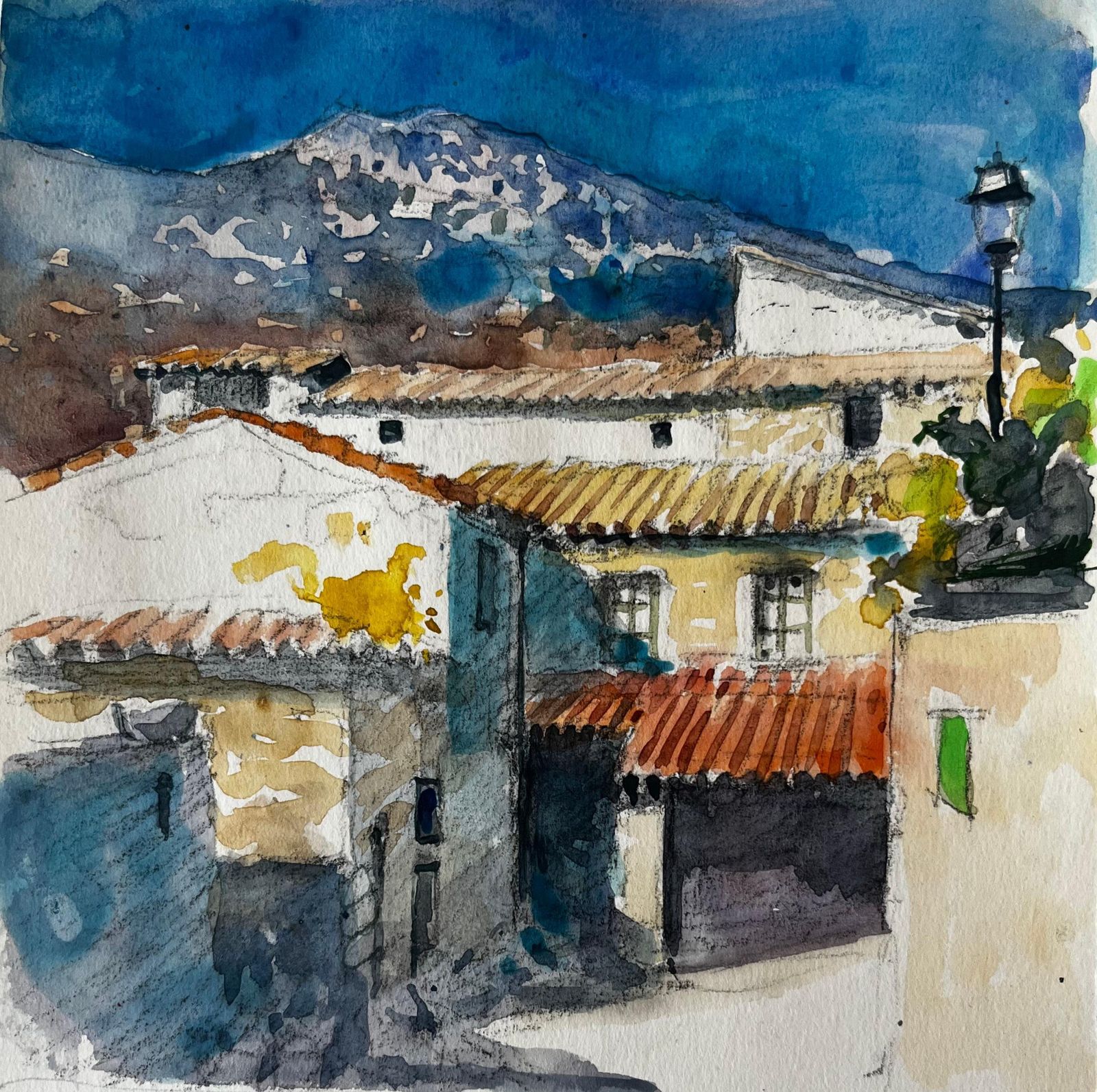 Pierre Neveumediterranean Village Houses Terracotta Roofs Mountain View Watercolor