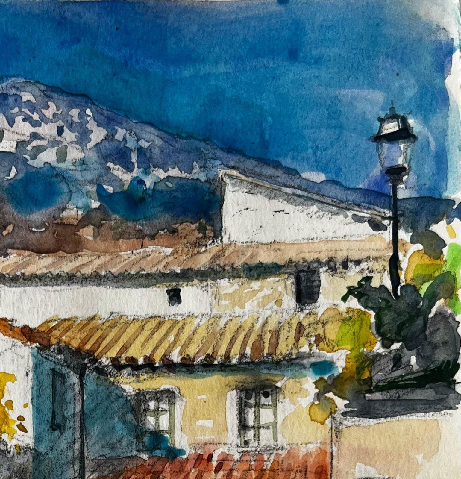 Pierre Neveumediterranean Village Houses Terracotta Roofs Mountain View Watercolor photo Art