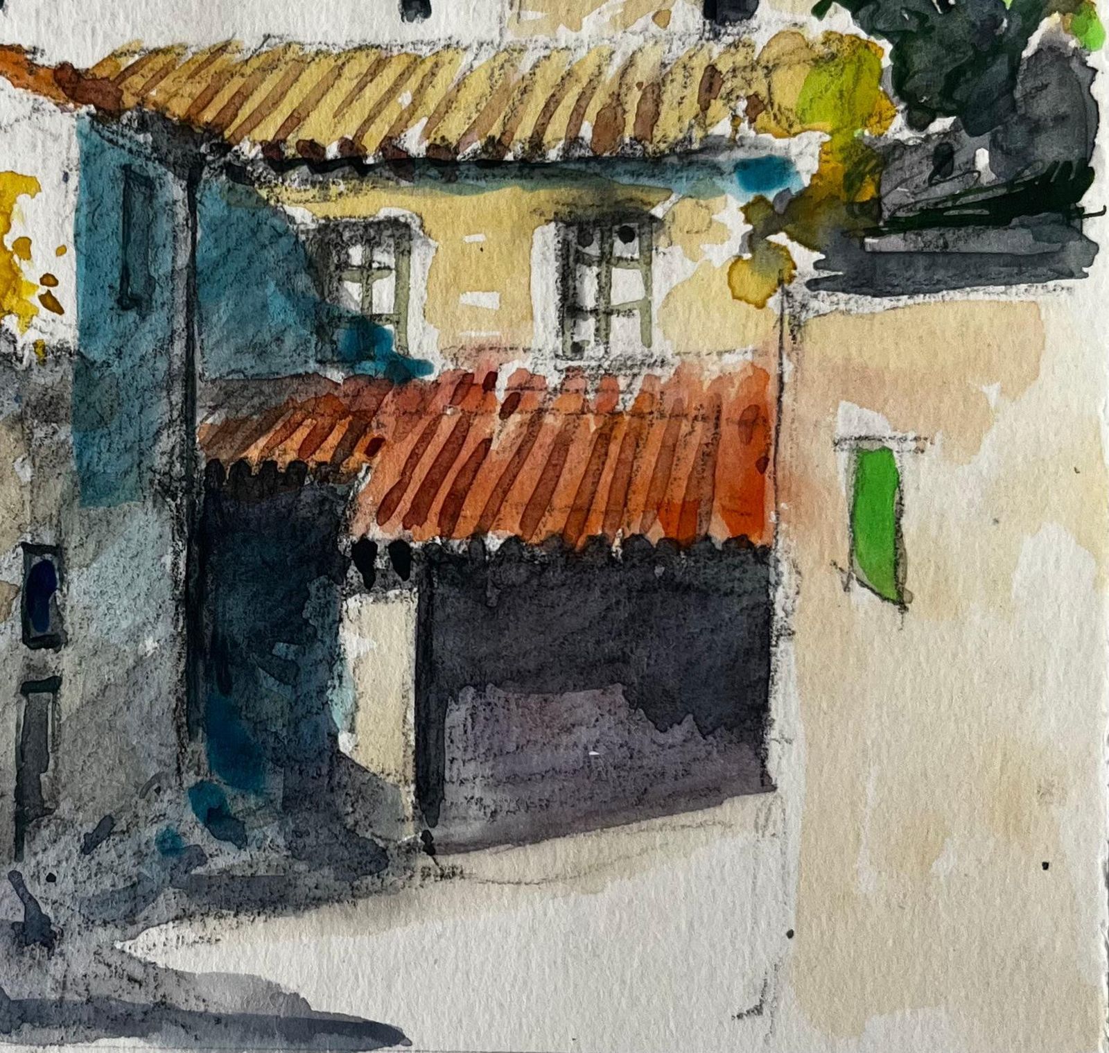 Pierre Neveumediterranean Village Houses Terracotta Roofs Mountain View Watercolor photo 515.0