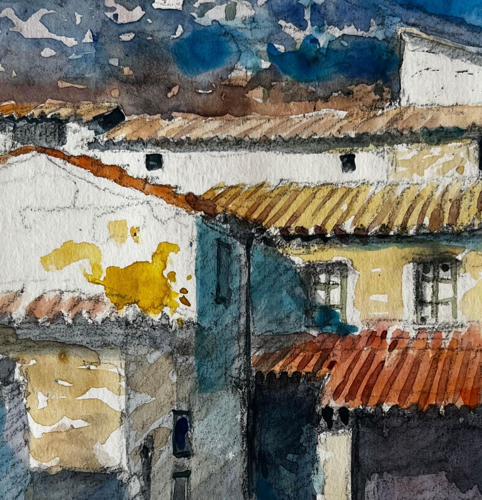 Pierre Neveumediterranean Village Houses Terracotta Roofs Mountain View Watercolor photo buy