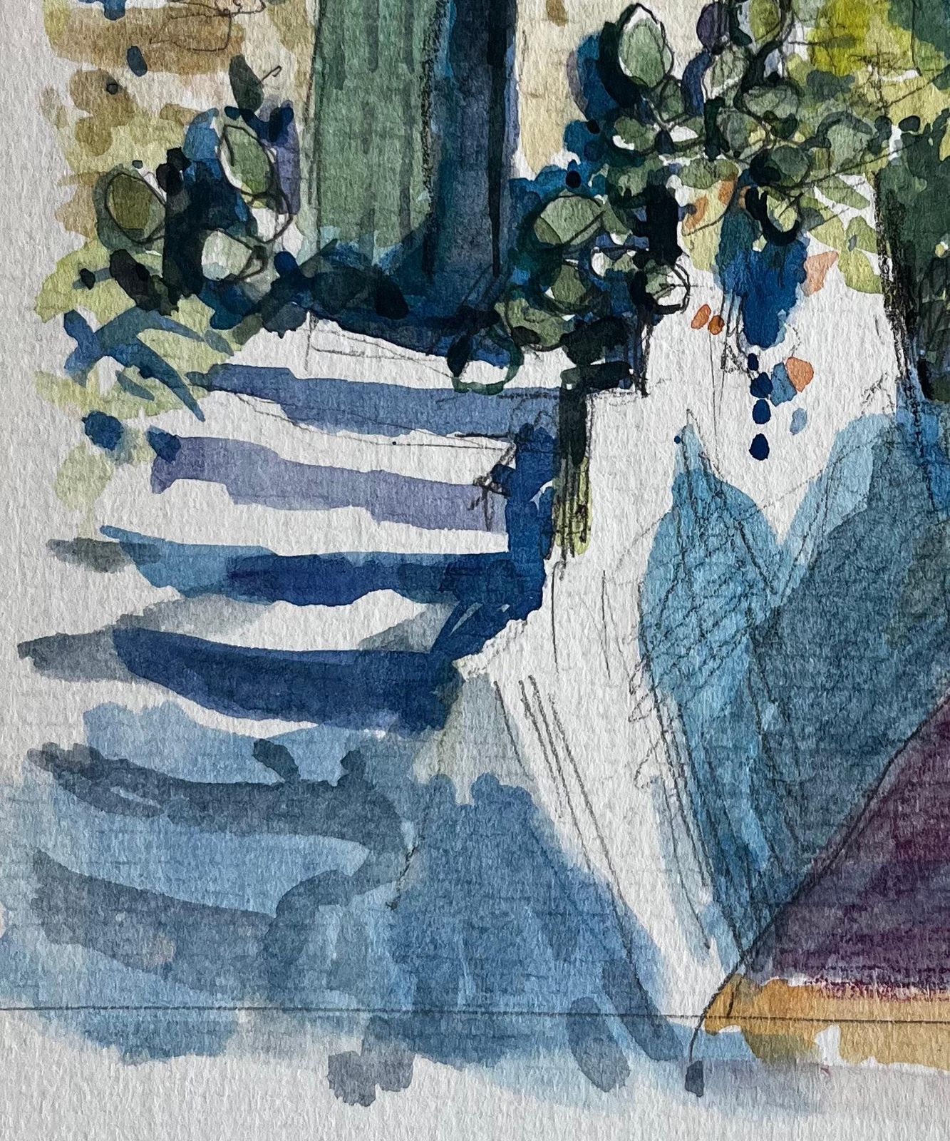 Pierre Neveumenton Mediterranean Stone House Steps Sunlit Garden Terracotta Roof Watercolor photo 607.0