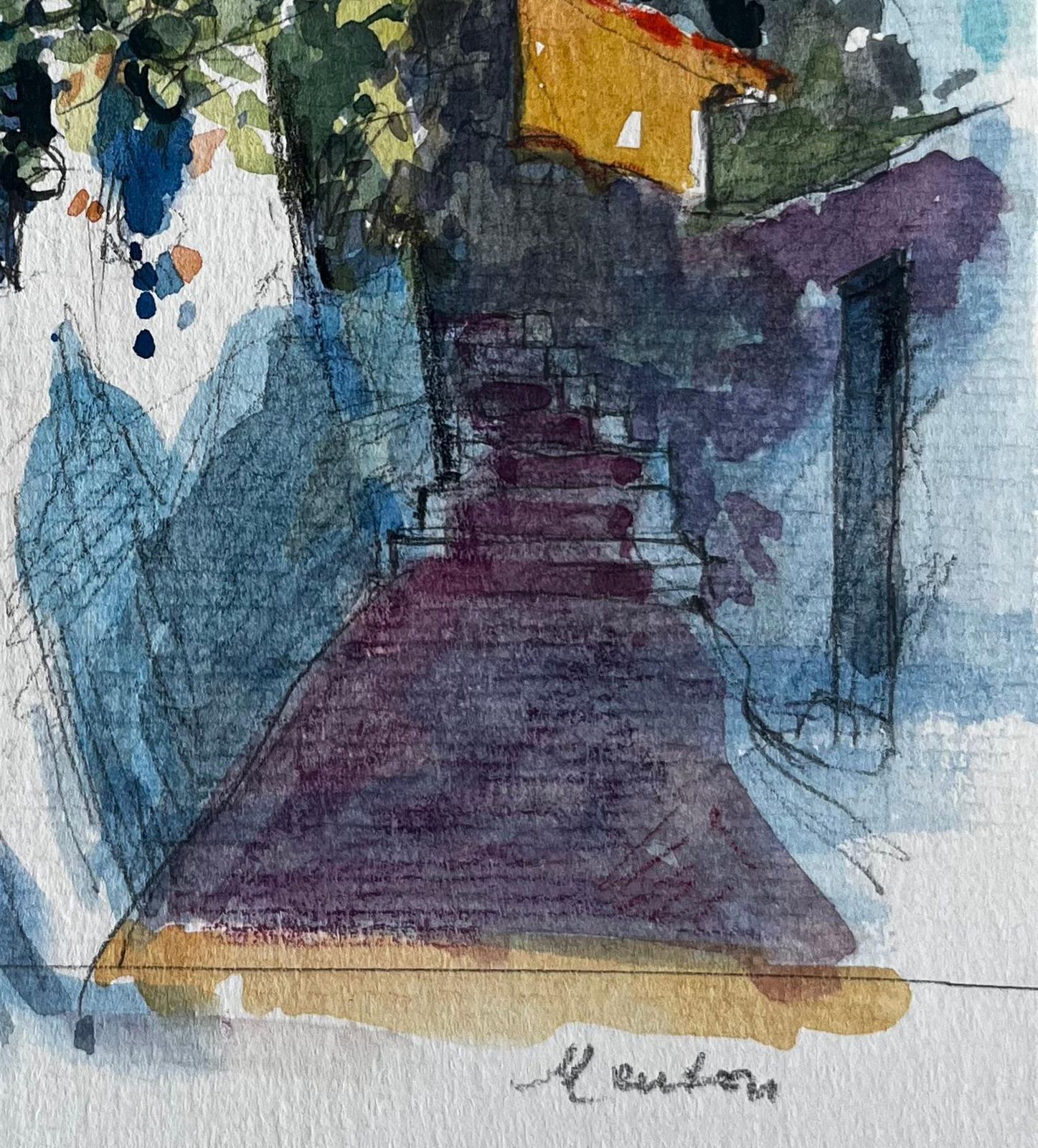 Pierre Neveumenton Mediterranean Stone House Steps Sunlit Garden Terracotta Roof Watercolor photo vinterior