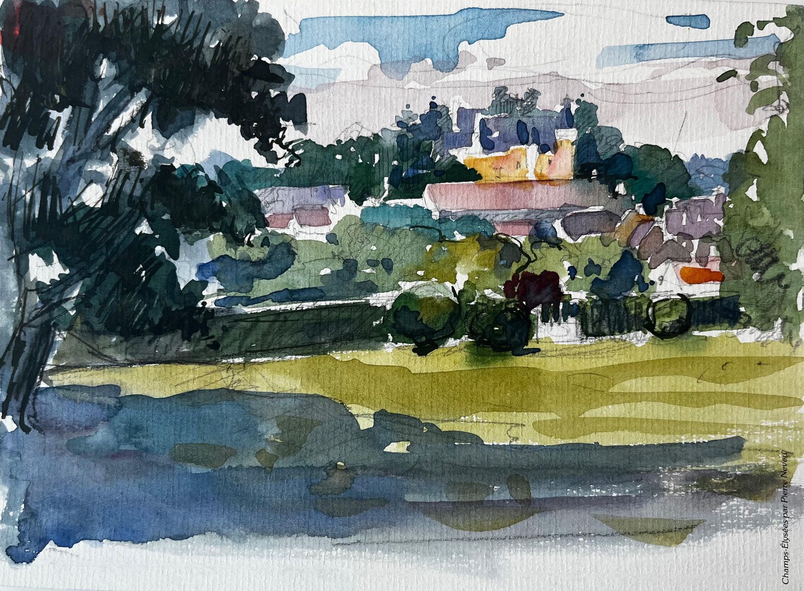 Pierre Neveulandscape Castle Distant Village Trees And Sunlit Fields Watercolor