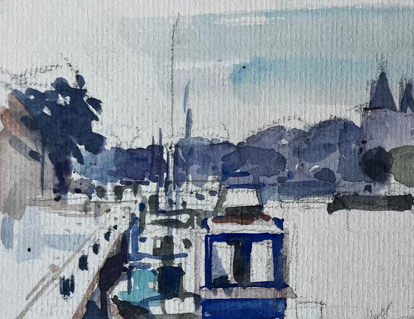 Pierre Neveuharbour Boats Jetty And Riverside Town French Watercolor Landscape photo Art