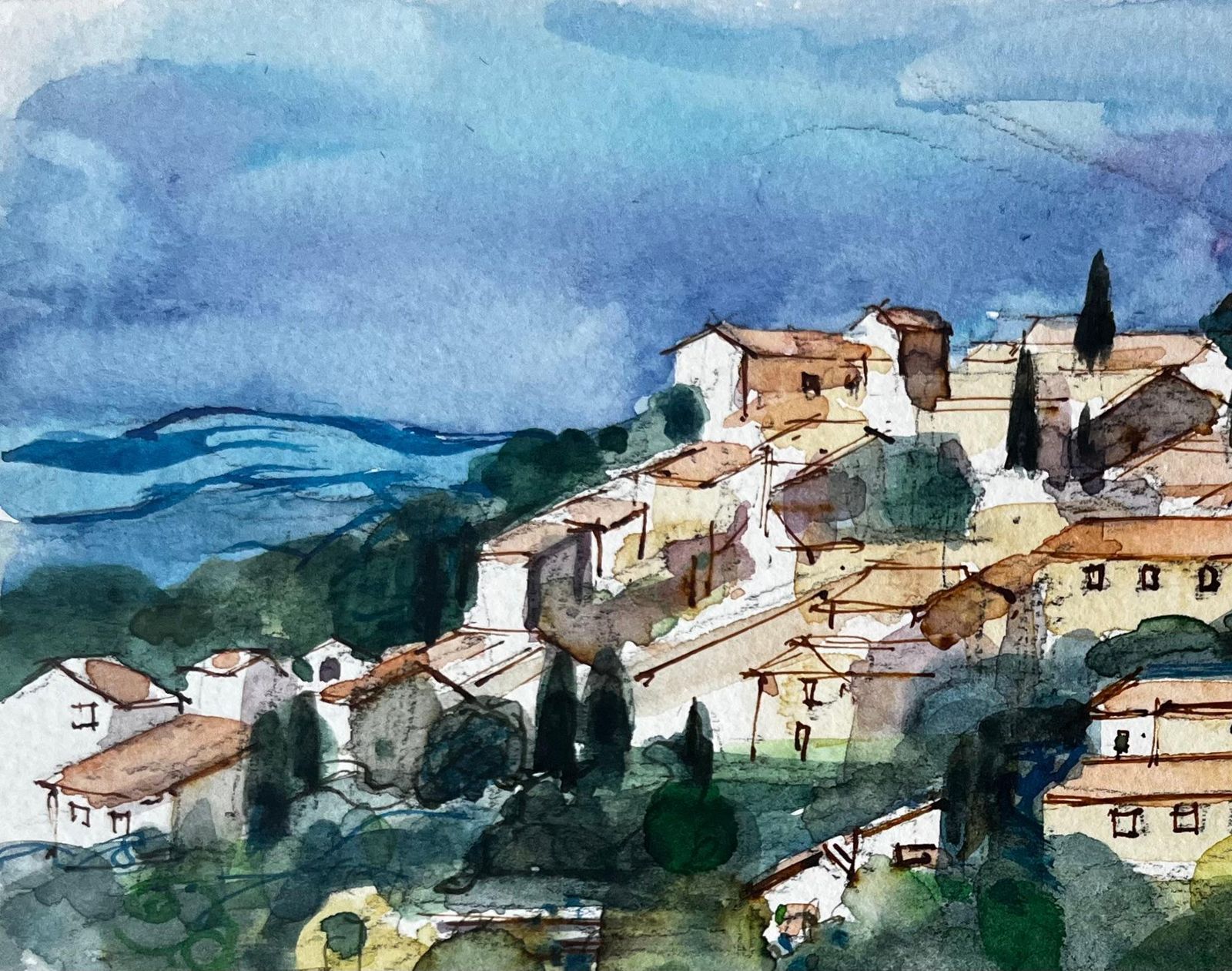 Pierre Neveuhilltop Village Trees Sunlit Houses And Mediterranean Landscape Watercolor photo Art