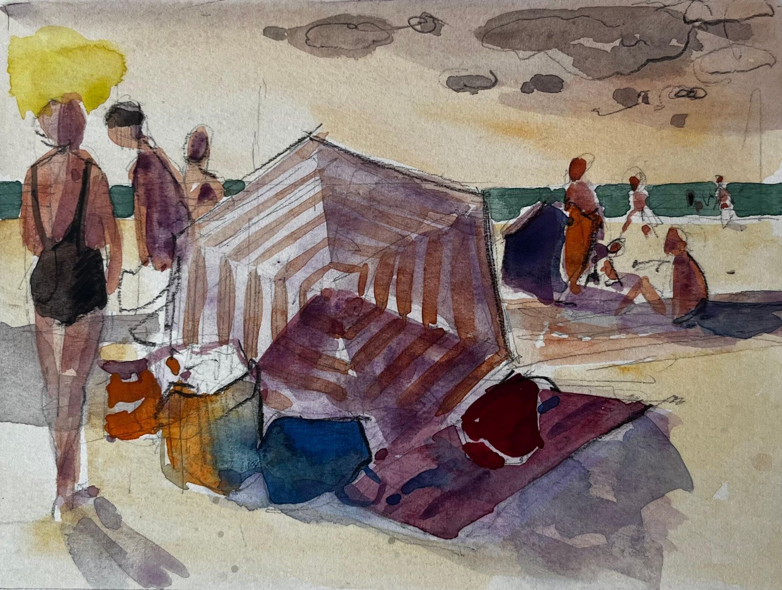 Pierre Neveubeach Scene Bathers Striped Tent Sunlit Shore And Figures Watercolor