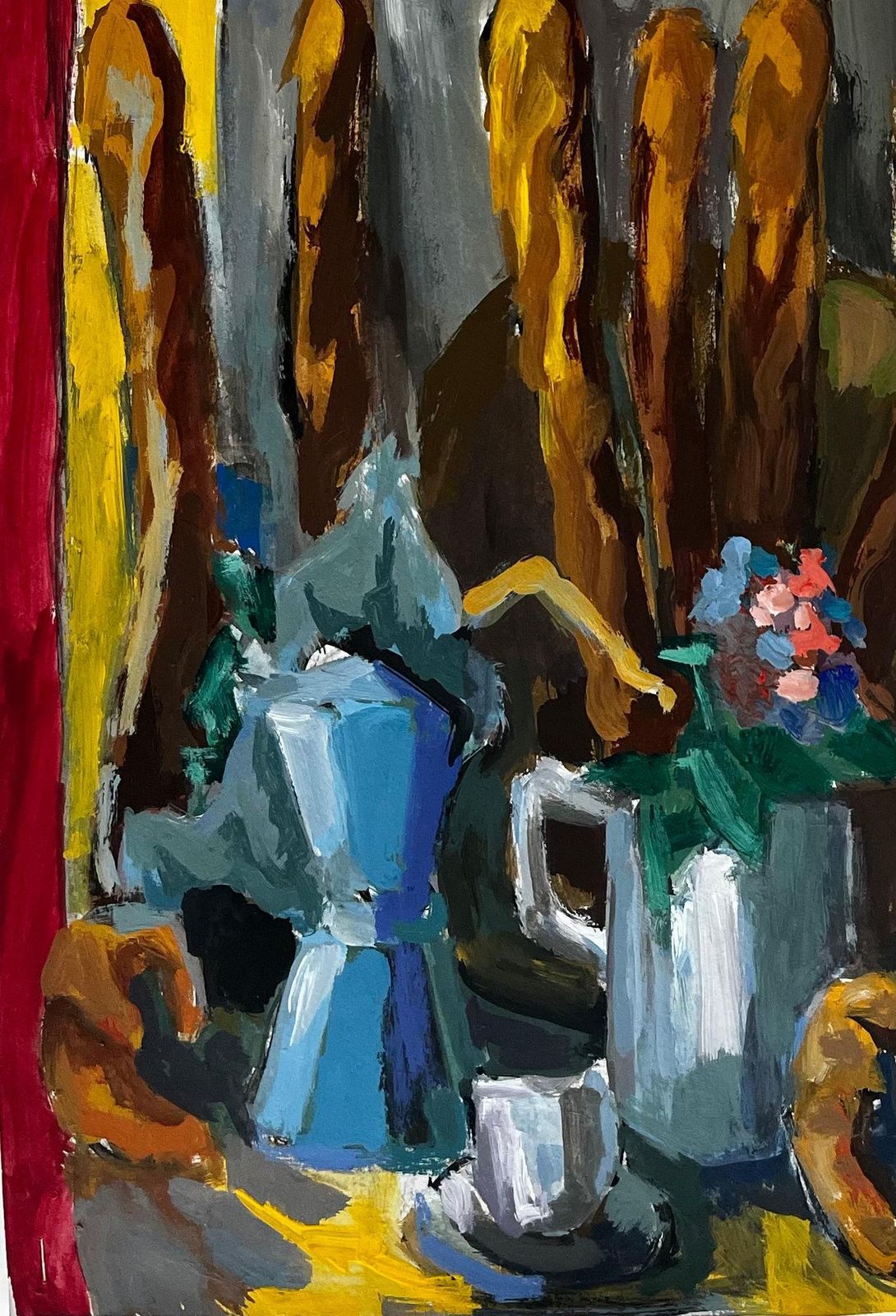 Guy Nicod French Modernist Breakfast Still Life With Baguettes Coffee Pot Flowers And Cups photo Art