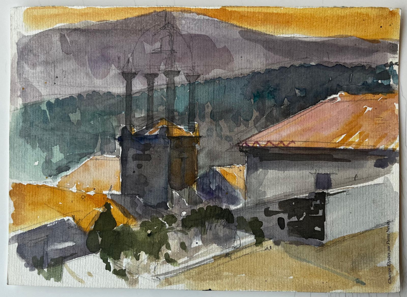 Pierre Neveufrench Hilltop Buildings Orange Roofs Mountain View Evening Light Watercolor photo furniture