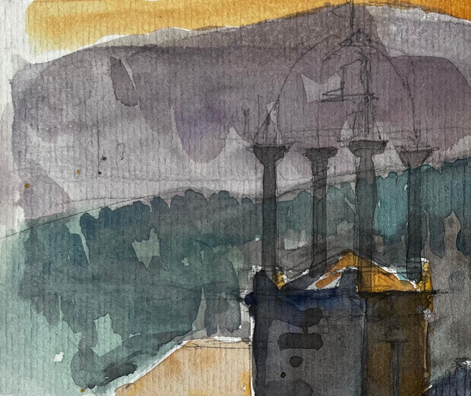 Pierre Neveufrench Hilltop Buildings Orange Roofs Mountain View Evening Light Watercolor photo for sale