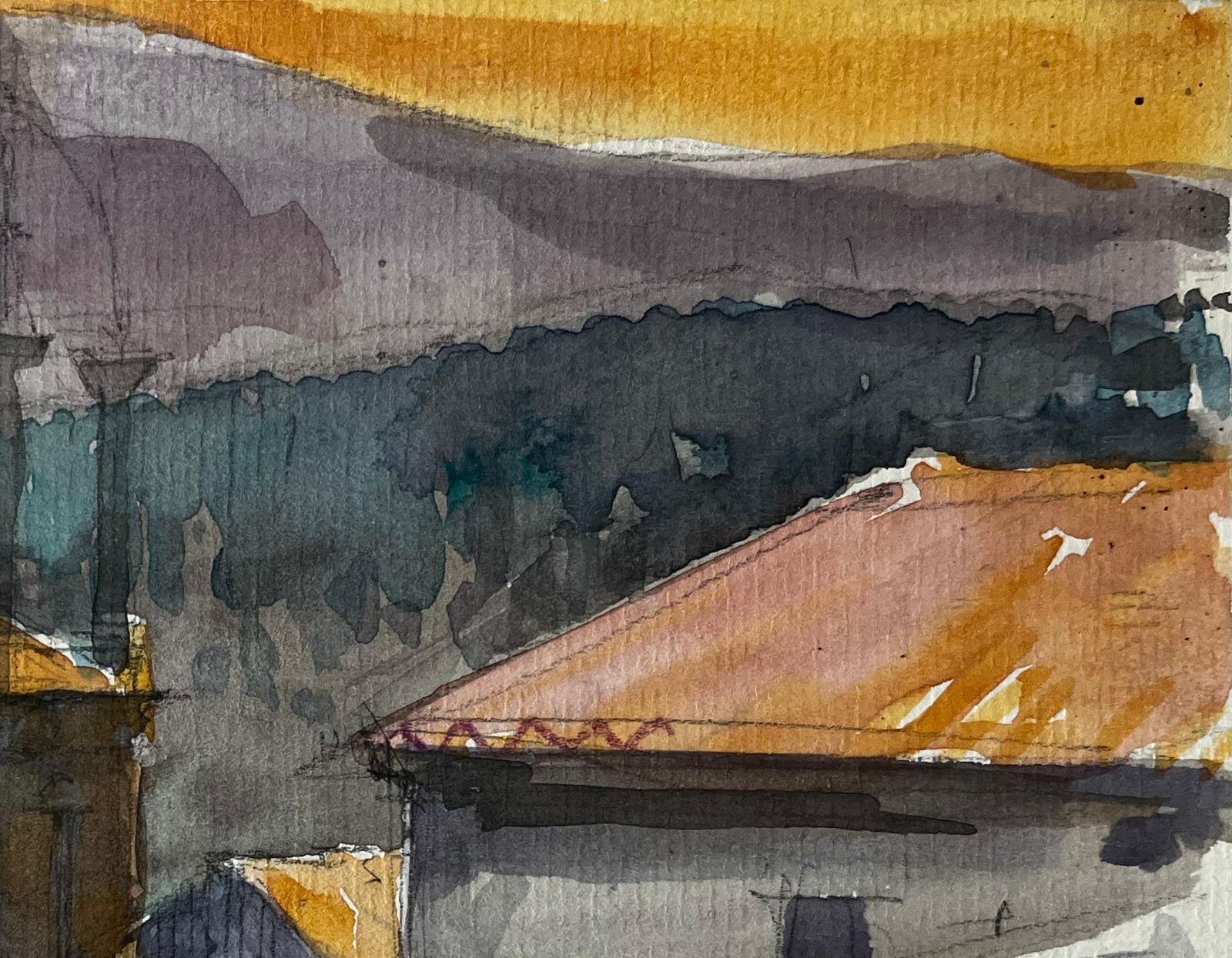 Pierre Neveufrench Hilltop Buildings Orange Roofs Mountain View Evening Light Watercolor photo Art