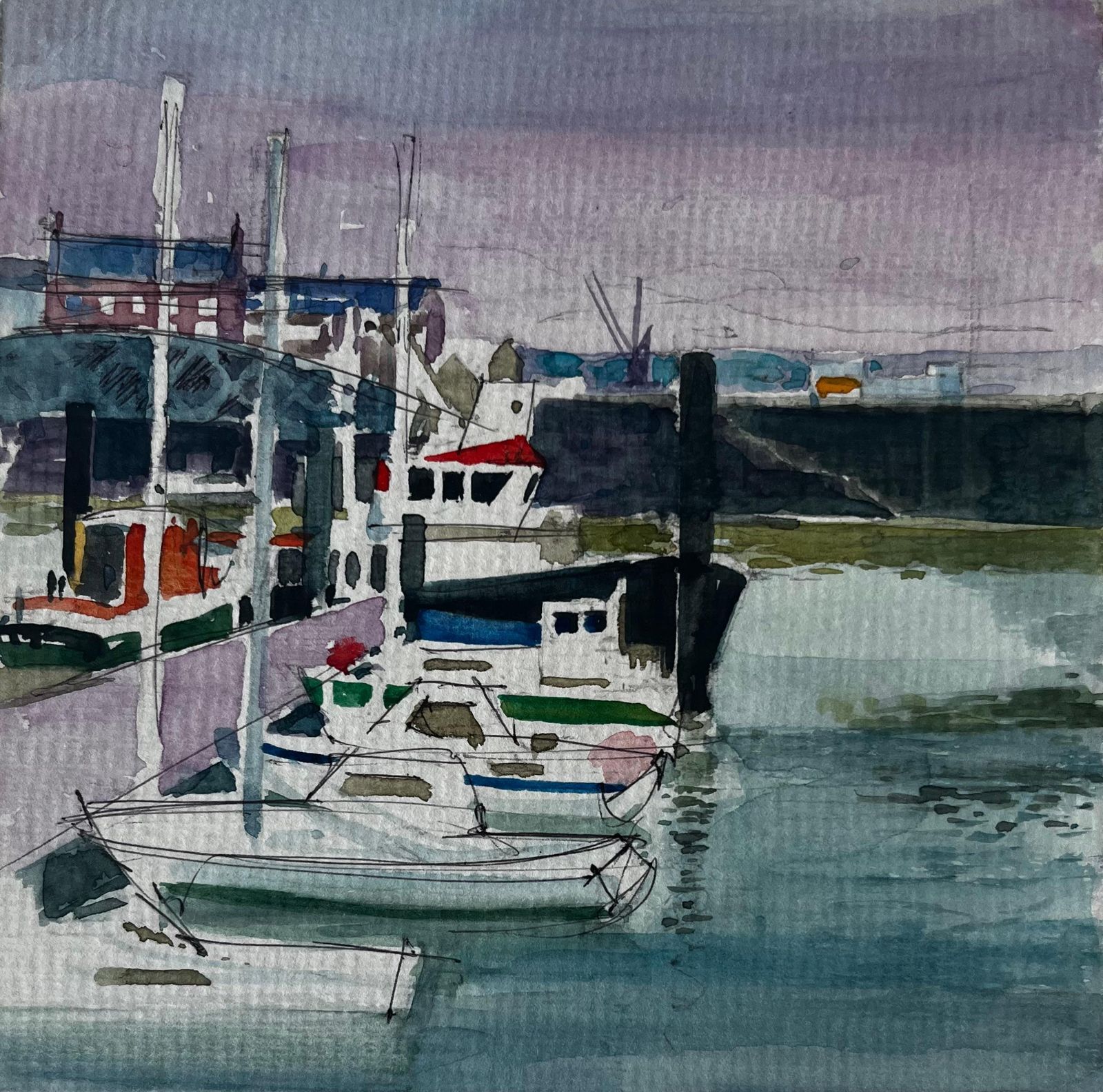 Pierre Neveuharbour Boats Quayside Reflections Dieppe Watercolour