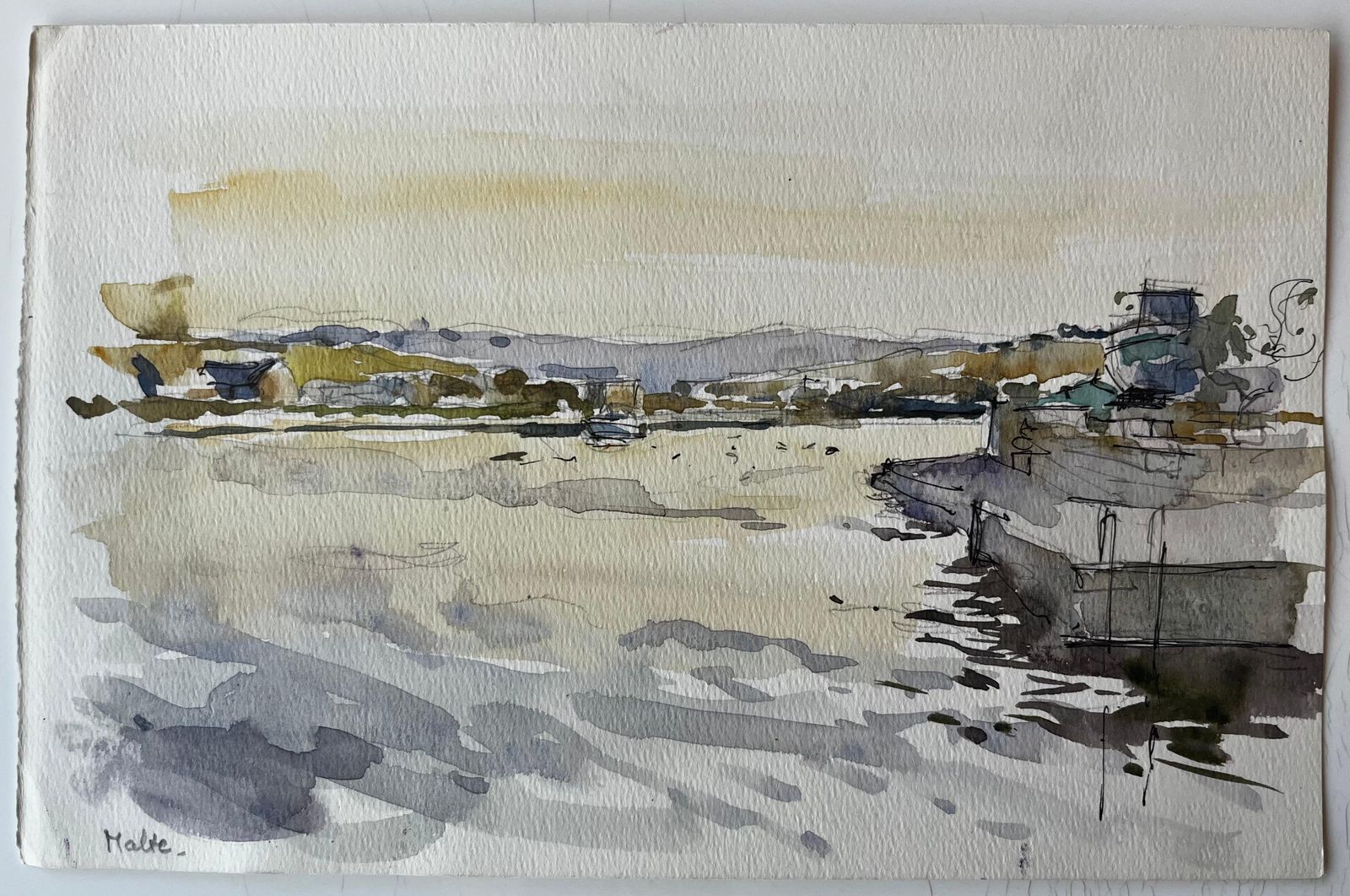 Pierre Neveumalta Harbour Landscape Boats Reflections Soft Sunset Watercolour Study photo furniture
