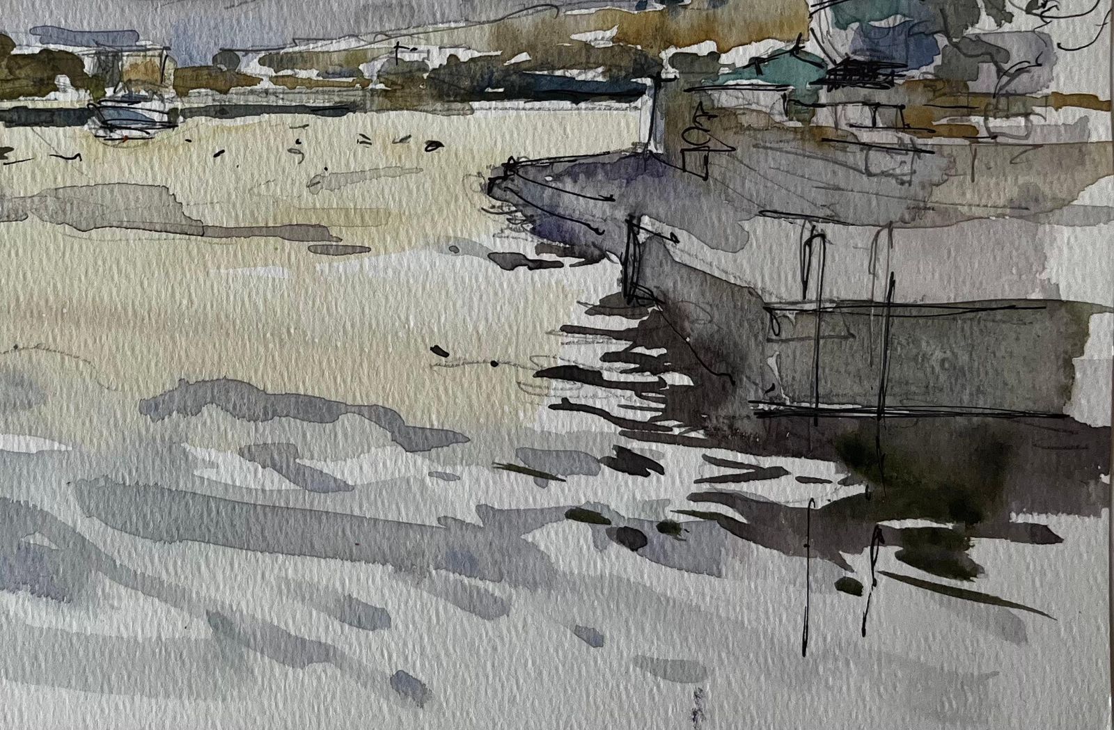 Pierre Neveumalta Harbour Landscape Boats Reflections Soft Sunset Watercolour Study photo vinterior