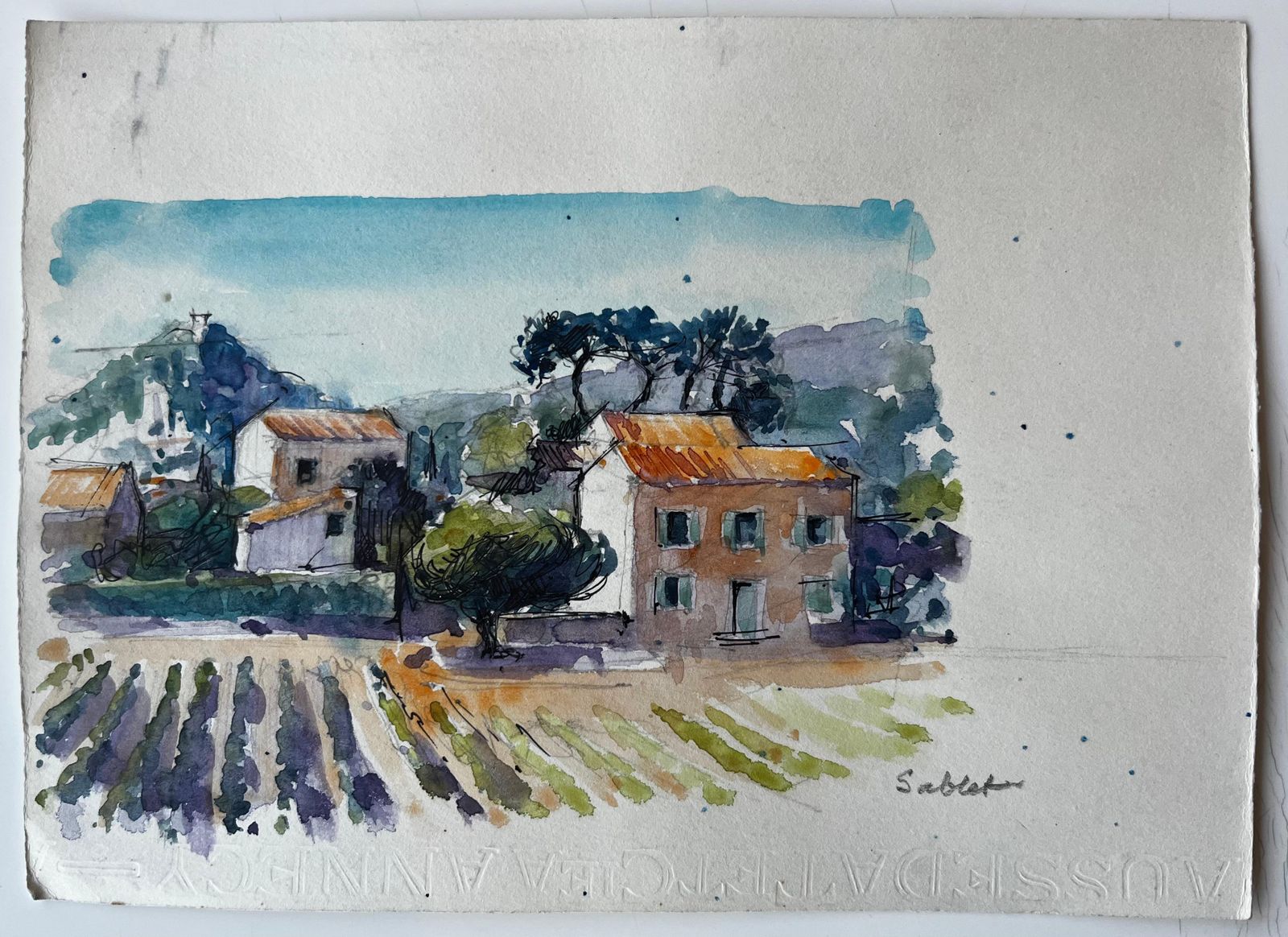 Pierre Neveusablet Provence Vineyard Farmhouses Trees Hills French Landscape Watercolour photo furniture
