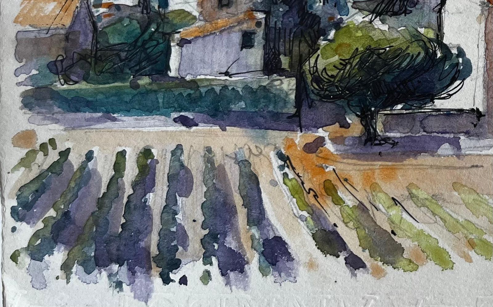 Pierre Neveusablet Provence Vineyard Farmhouses Trees Hills French Landscape Watercolour photo 560.0