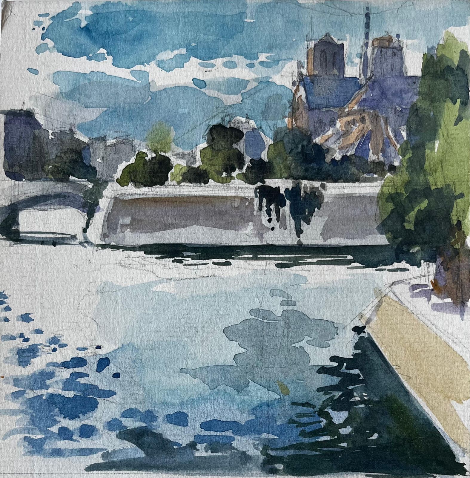 Pierre Neveuparis Seine River View With Notre Dame Cathedral And Bridge French Watercolor