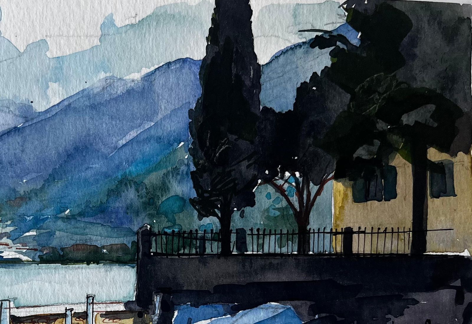 Pierre Neveuitalian Lakeside Harbour Boats Mountains And Villa Watercolor photo Art
