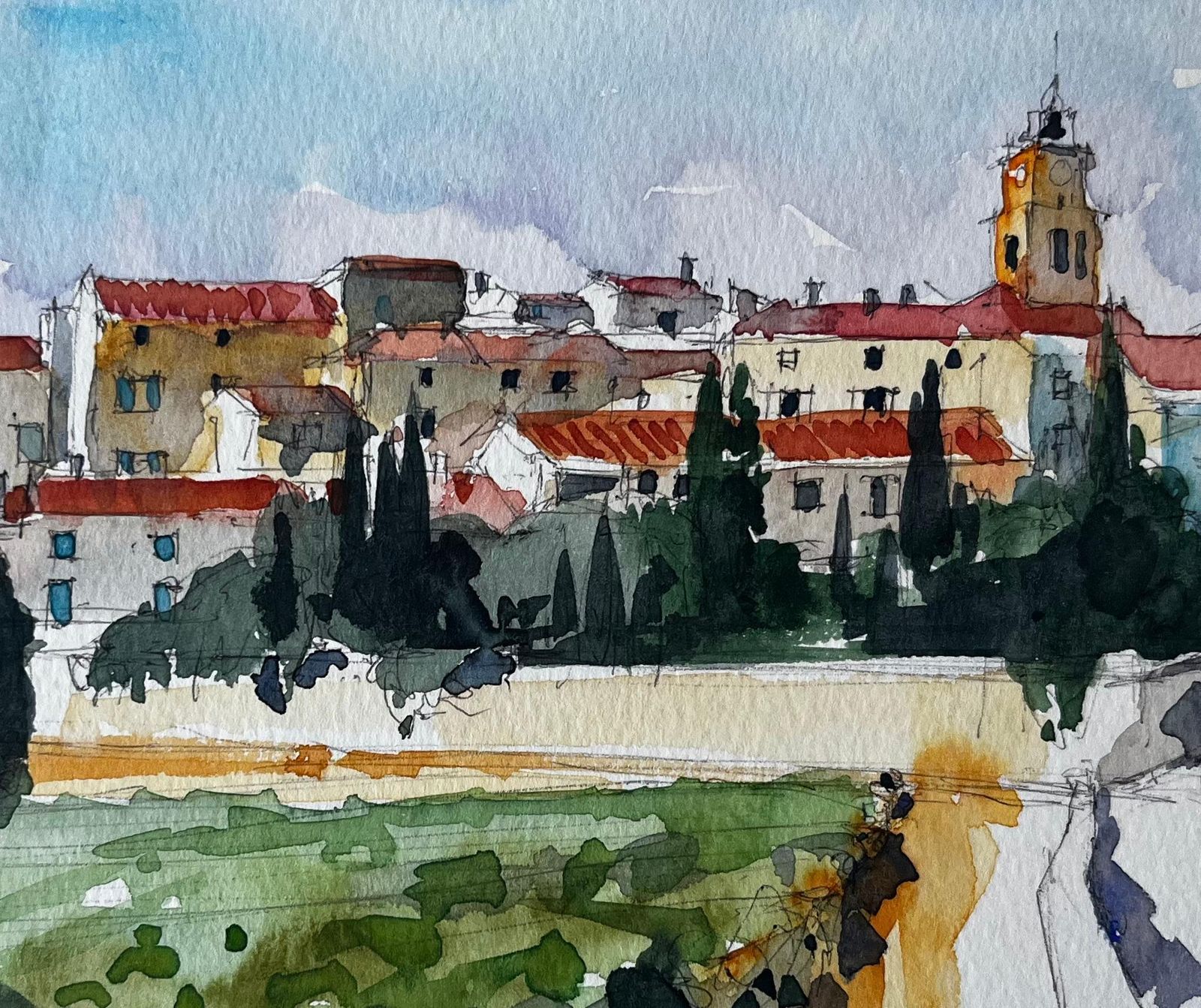 Pierre Neveuprovence Village Landscape Sablet Hillside View Watercolour By Pierre Neveu photo buy