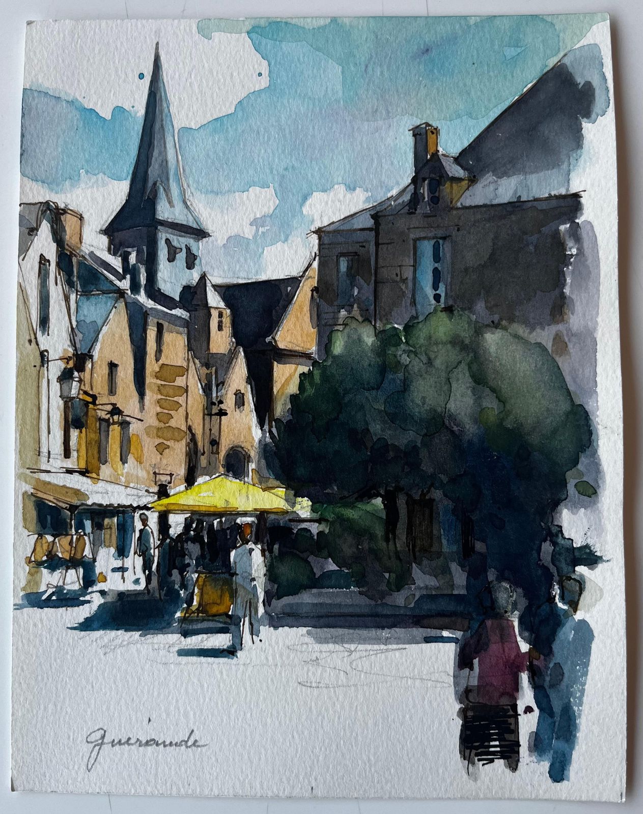 Pierre Neveuguerande French Market Square Church Spire Figures And Yellow Parasol photo furniture