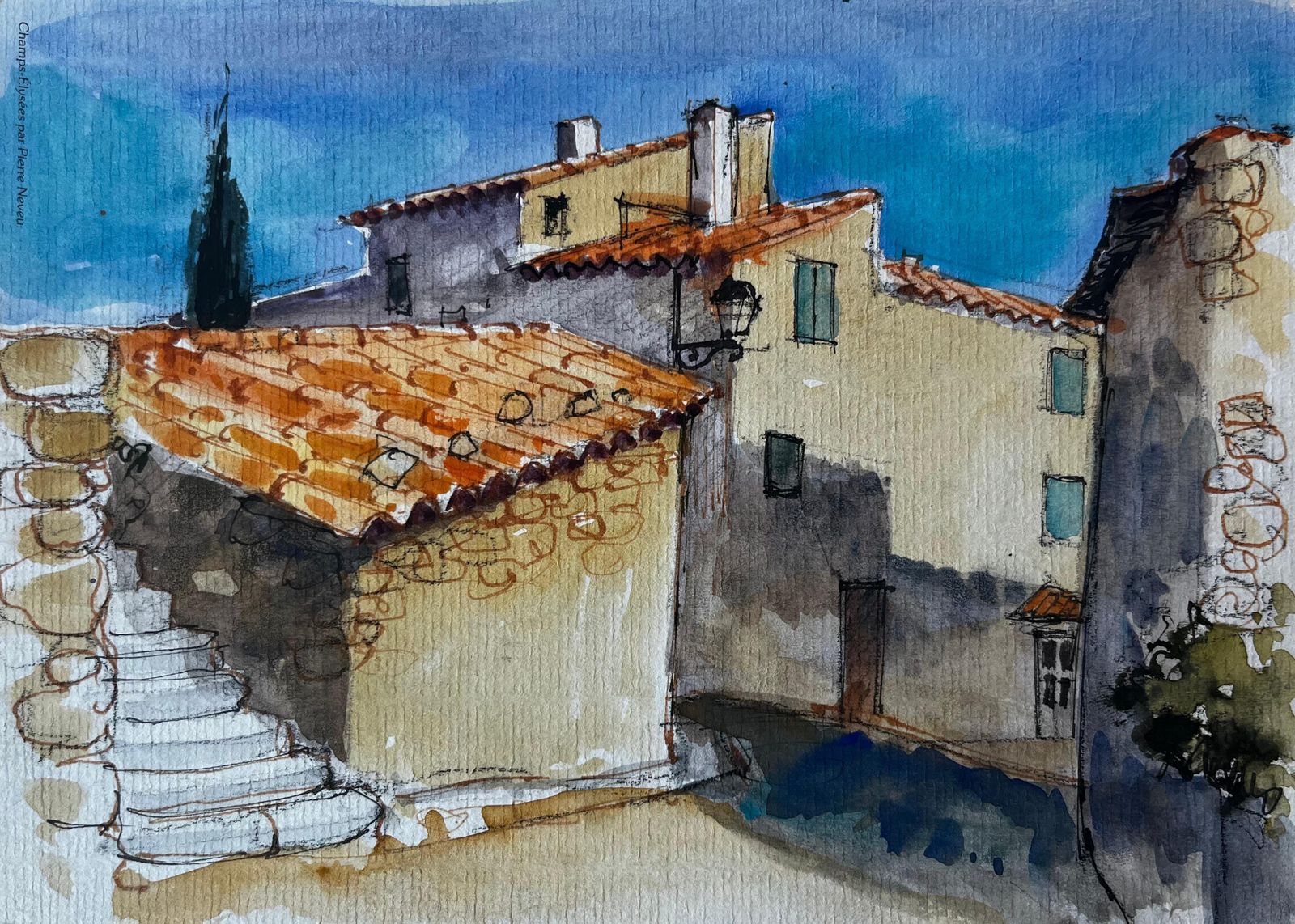 Pierre Neveuprovençal Village Street Sunlit Houses Terracotta Roofs French Hilltown Scene