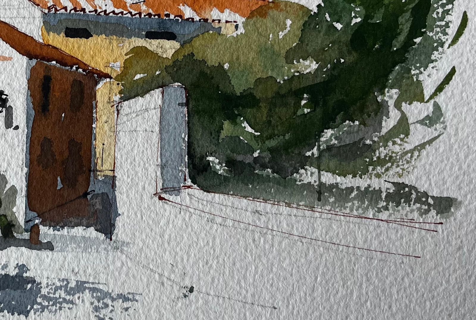 Pierre Neveuspanish Hilltop Village With Orange Roofs Trees And Courtyard Watercolour Scene photo 495.0