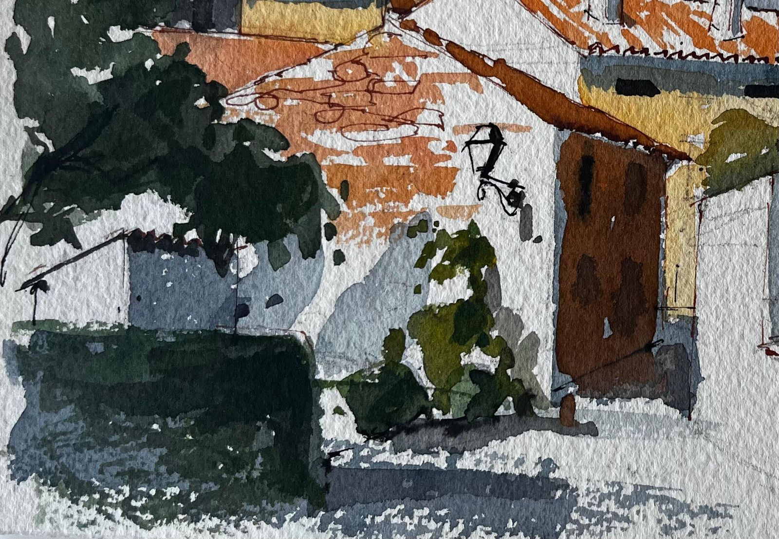 Pierre Neveuspanish Hilltop Village With Orange Roofs Trees And Courtyard Watercolour Scene photo vinterior
