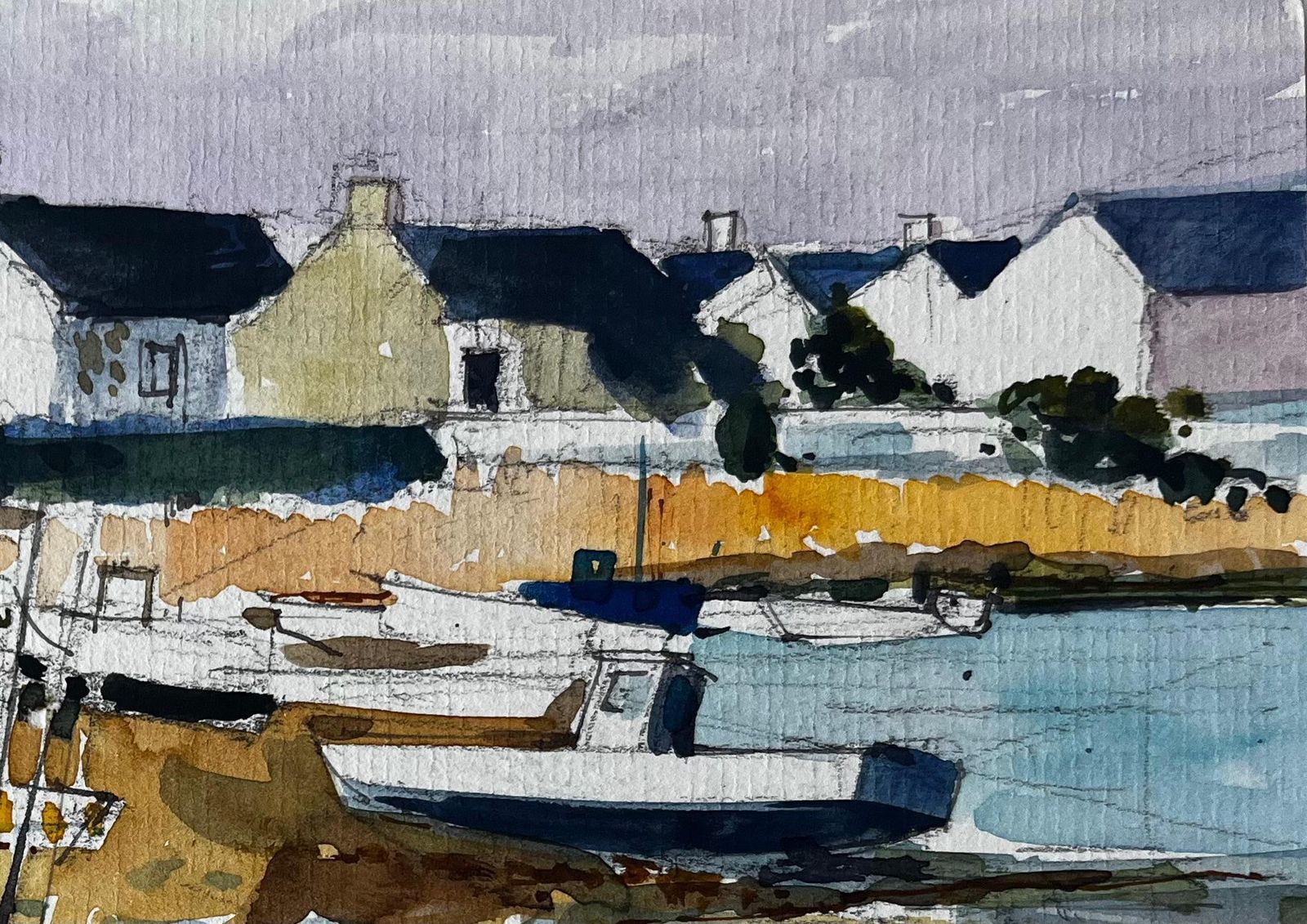 Pierre Neveucrognier Coastal Harbour With Boats And Stone Houses Watercolor photo for sale