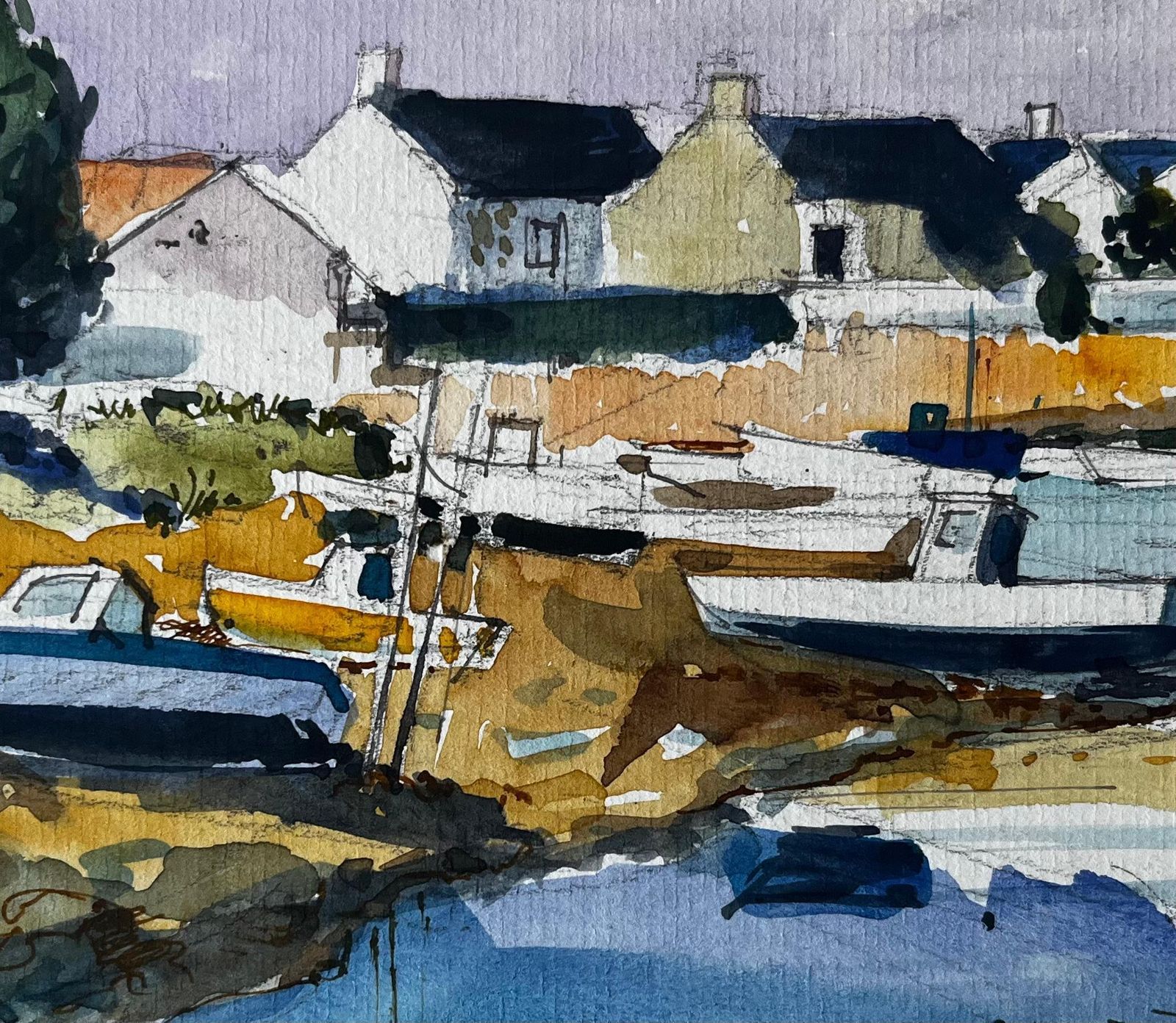 Pierre Neveucrognier Coastal Harbour With Boats And Stone Houses Watercolor photo buy