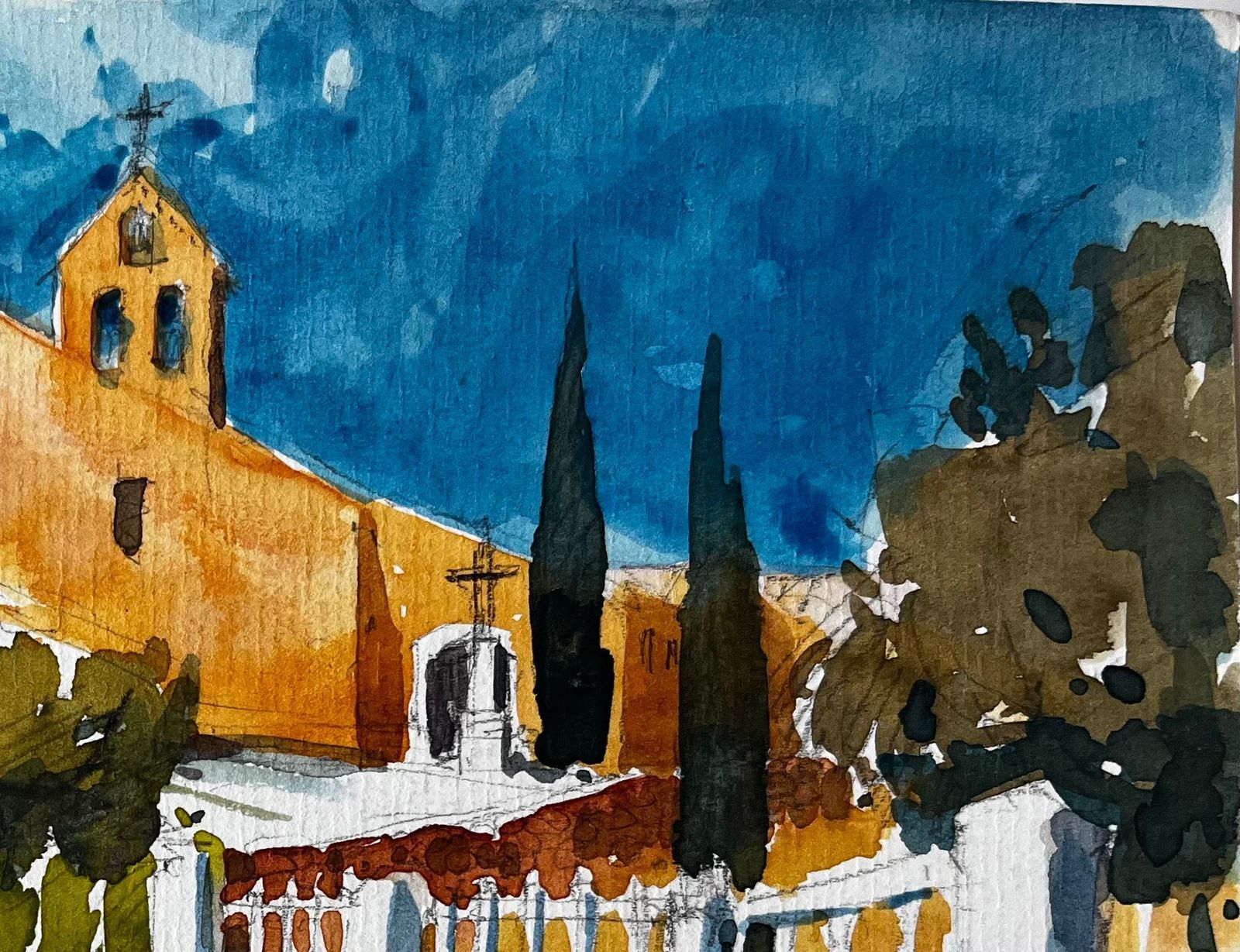 Pierre Neveuprovence Chapel Sunlit Church Pathway Cypress Trees French Landscape Watercolor photo vinterior