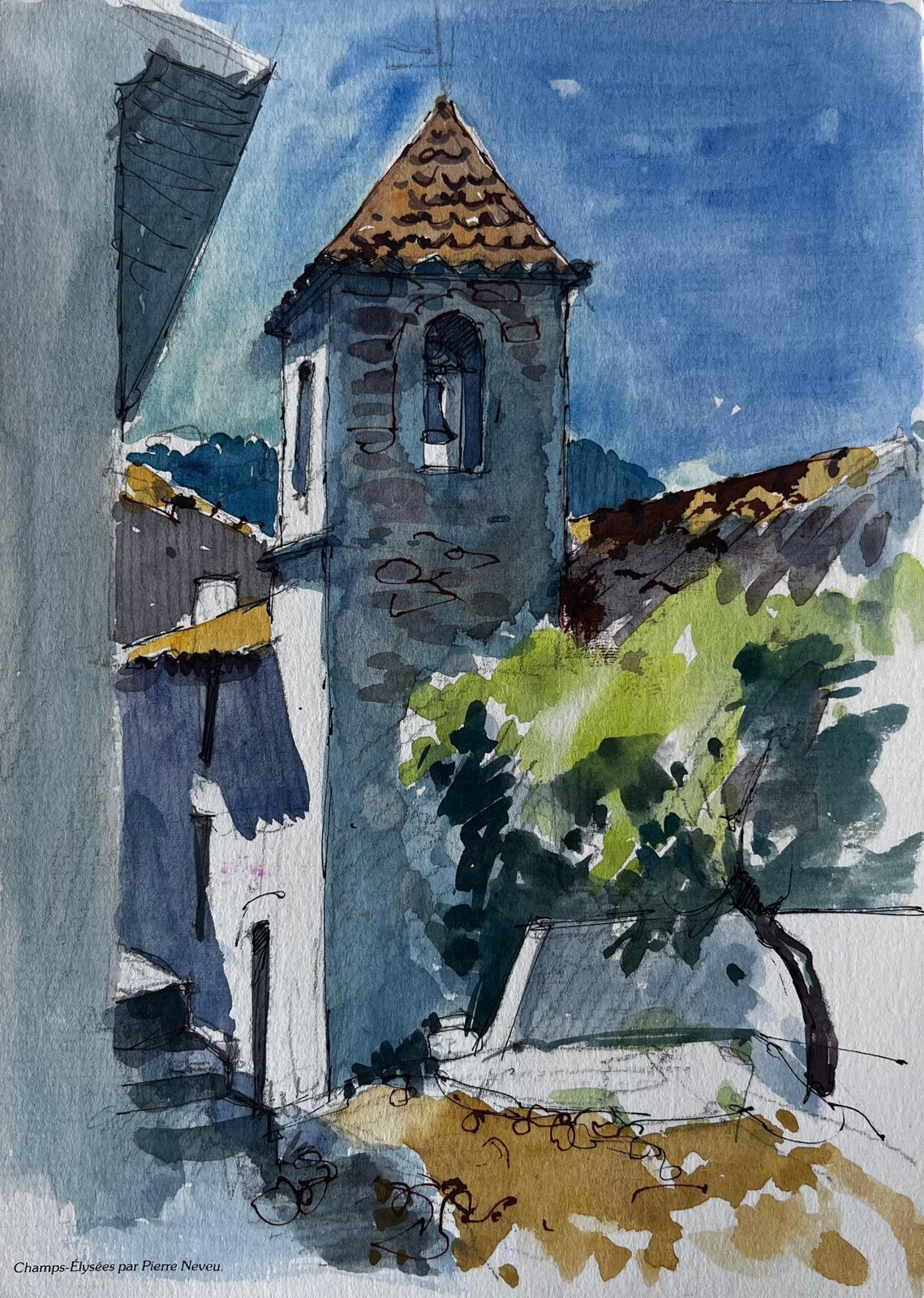 Pierre Neveustone Church Tower And Village Houses Provence Watercolor