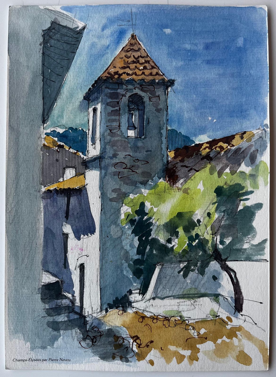 Pierre Neveustone Church Tower And Village Houses Provence Watercolor photo furniture