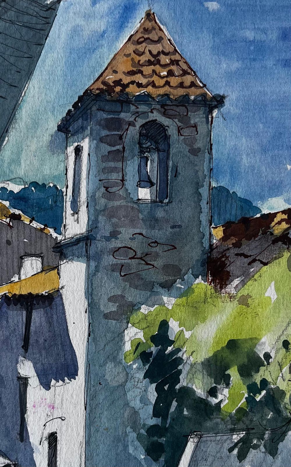 Pierre Neveustone Church Tower And Village Houses Provence Watercolor photo buy