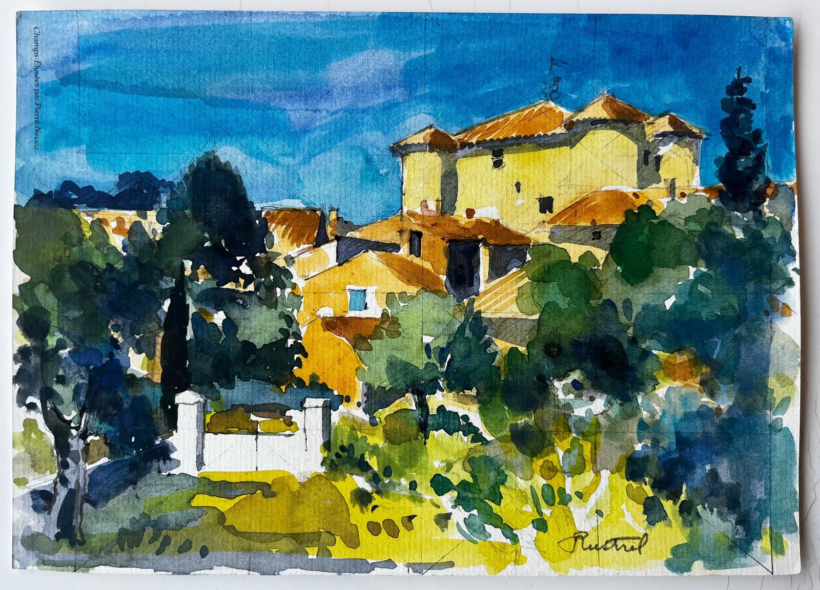 Pierre Neveurudinal Provence Village Yellow Houses Cypress Trees French Landscape Watercolor photo furniture