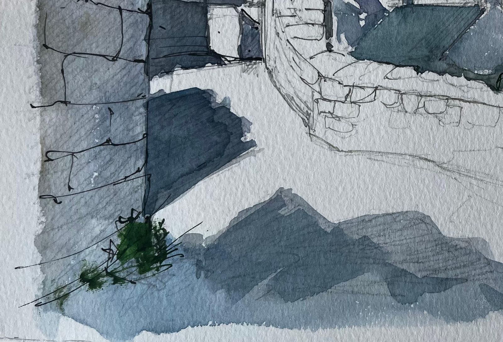 Pierre Neveumortemart Village Stone Walls Church Tower And Summer Sky Watercolour Study photo 382.0