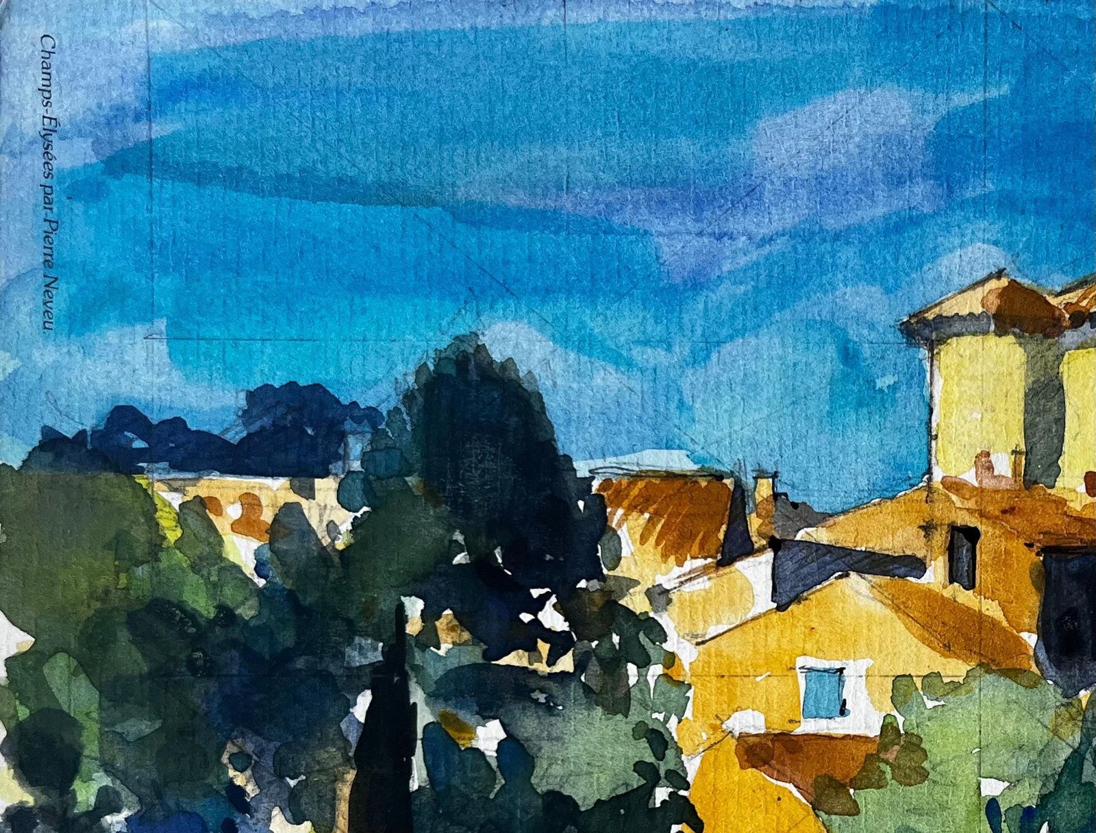 Pierre Neveurudinal Provence Village Yellow Houses Cypress Trees French Landscape Watercolor photo 565.0
