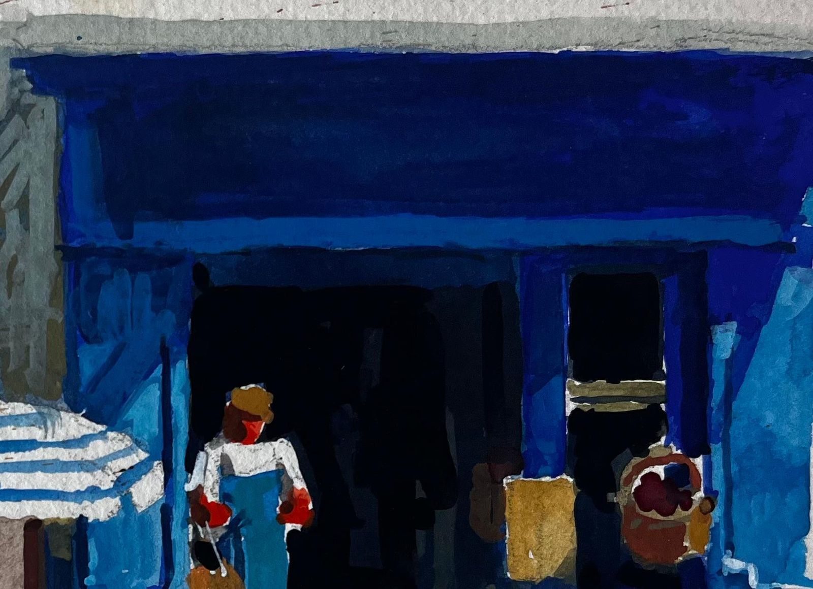 Pierre Neveublue Shopfront With Market Baskets Summer Street Scene Watercolour photo for sale